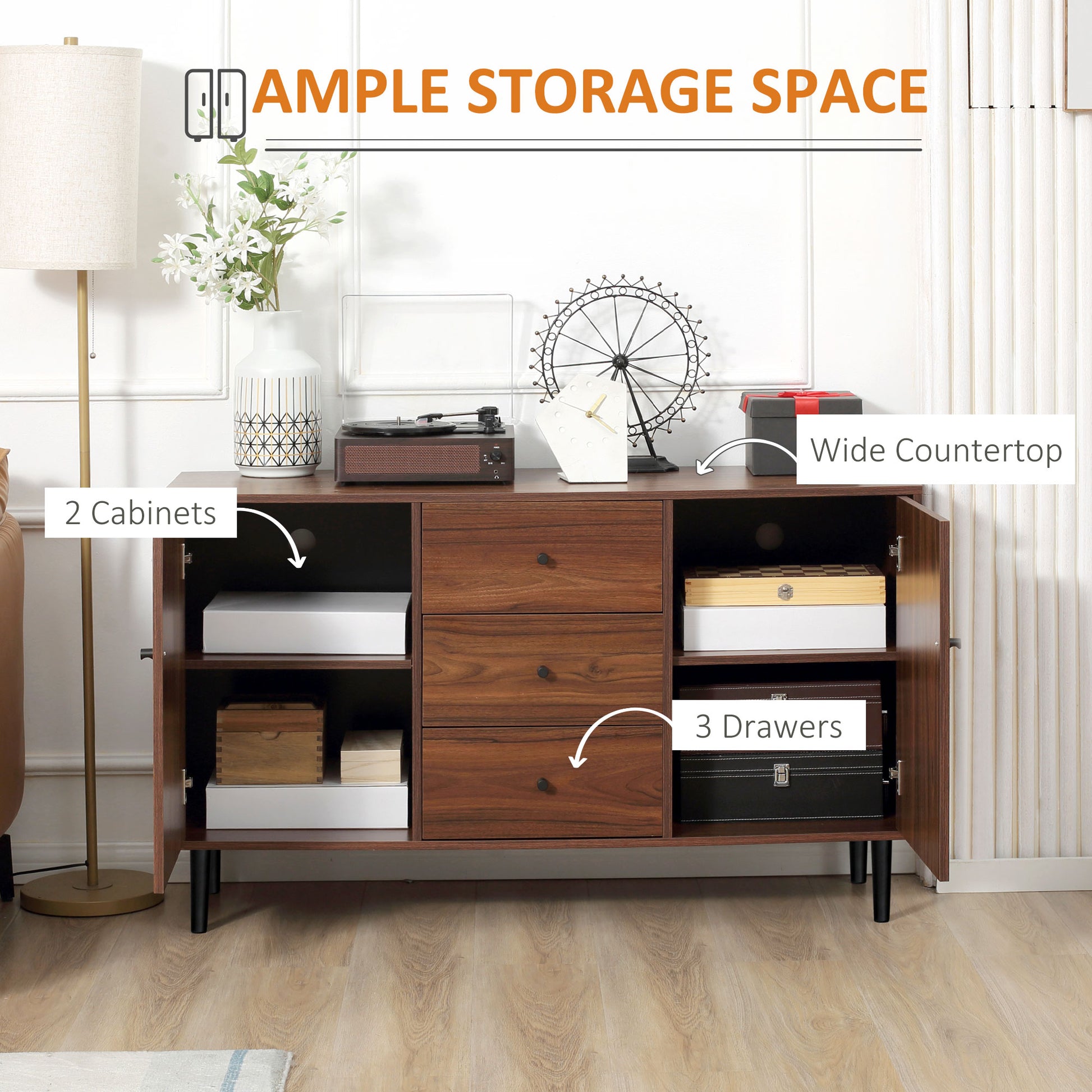 Kitchen Sideboard, Buffet Cabinet Rustic Brown with 2 Cupboards, 3 Drawers, Adjustable Shelves-DECOROLALA