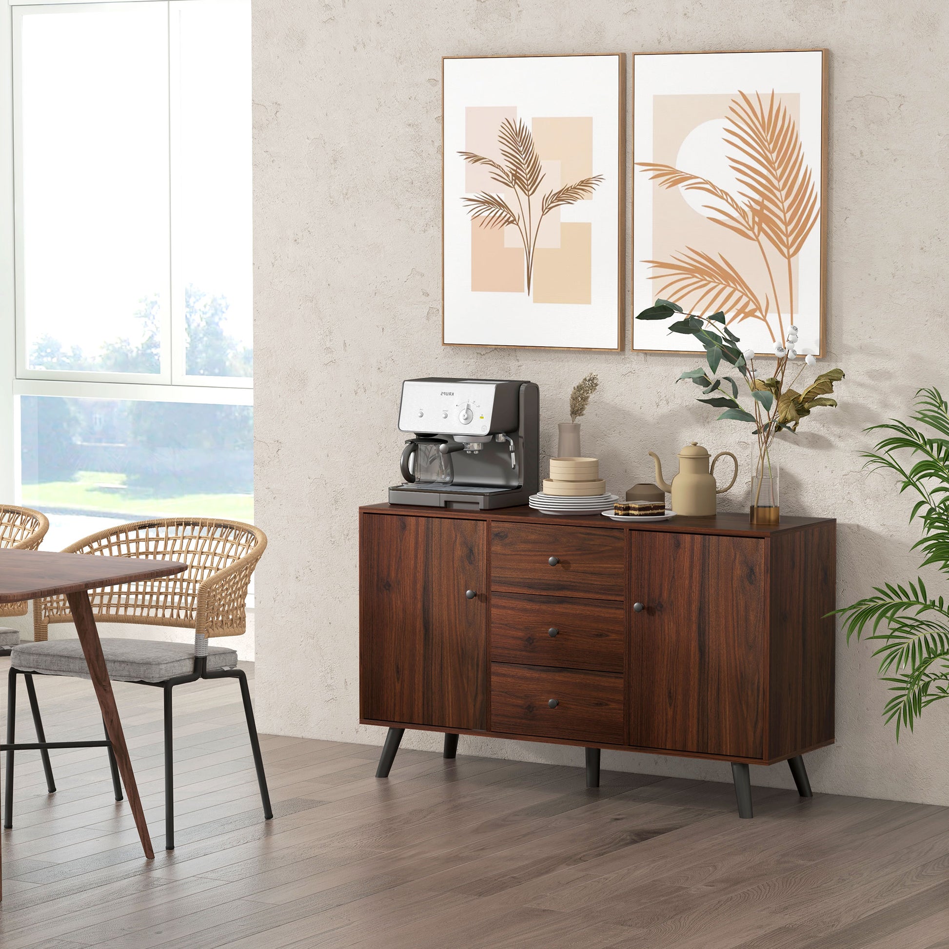 Kitchen Sideboard, Buffet Cabinet Rustic Brown with 2 Cupboards, 3 Drawers, Adjustable Shelves-DECOROLALA
