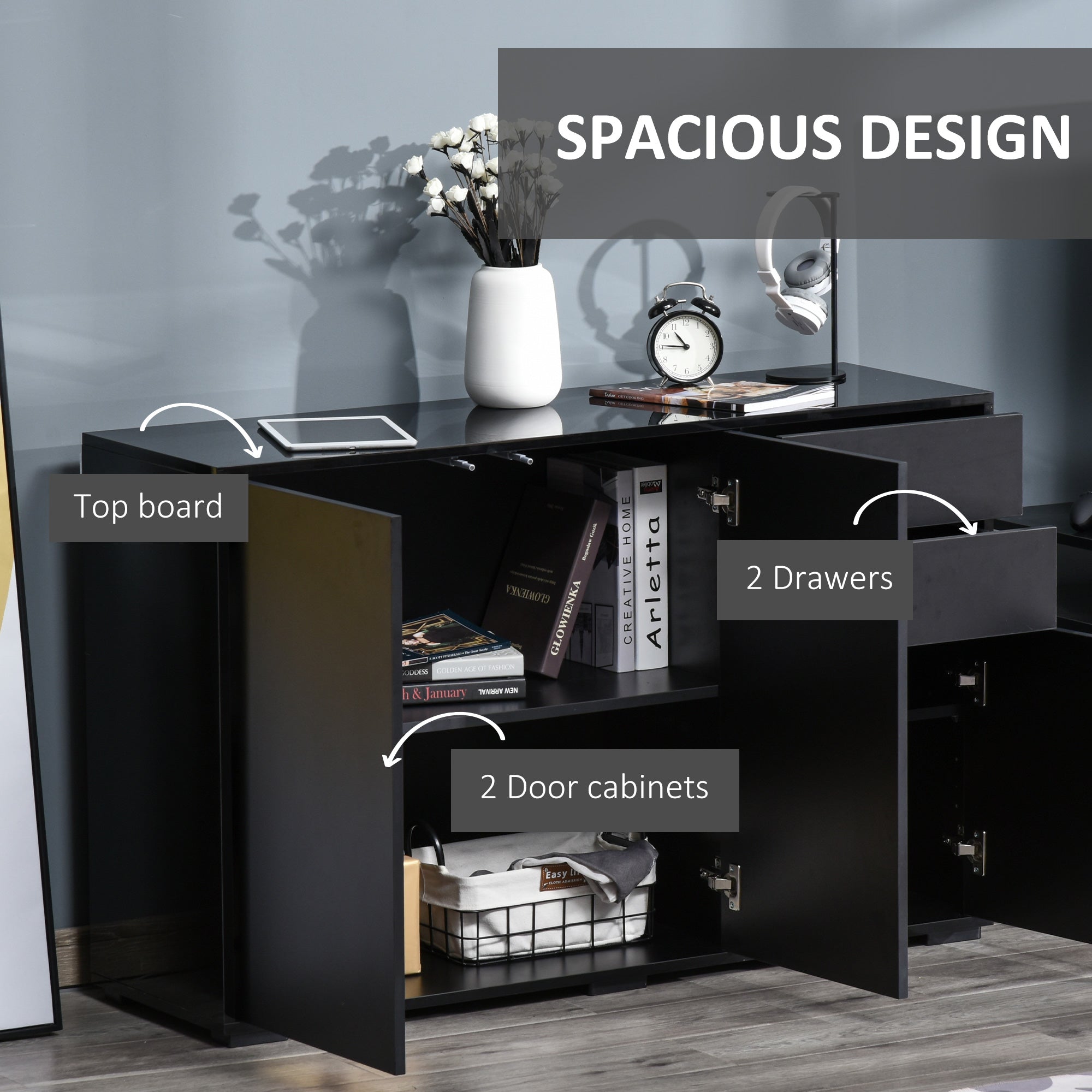 Kitchen Sideboard Cabinet - Black, 2 Drawers, Modern Push-Open Design-Sideboards-DECOROLALA