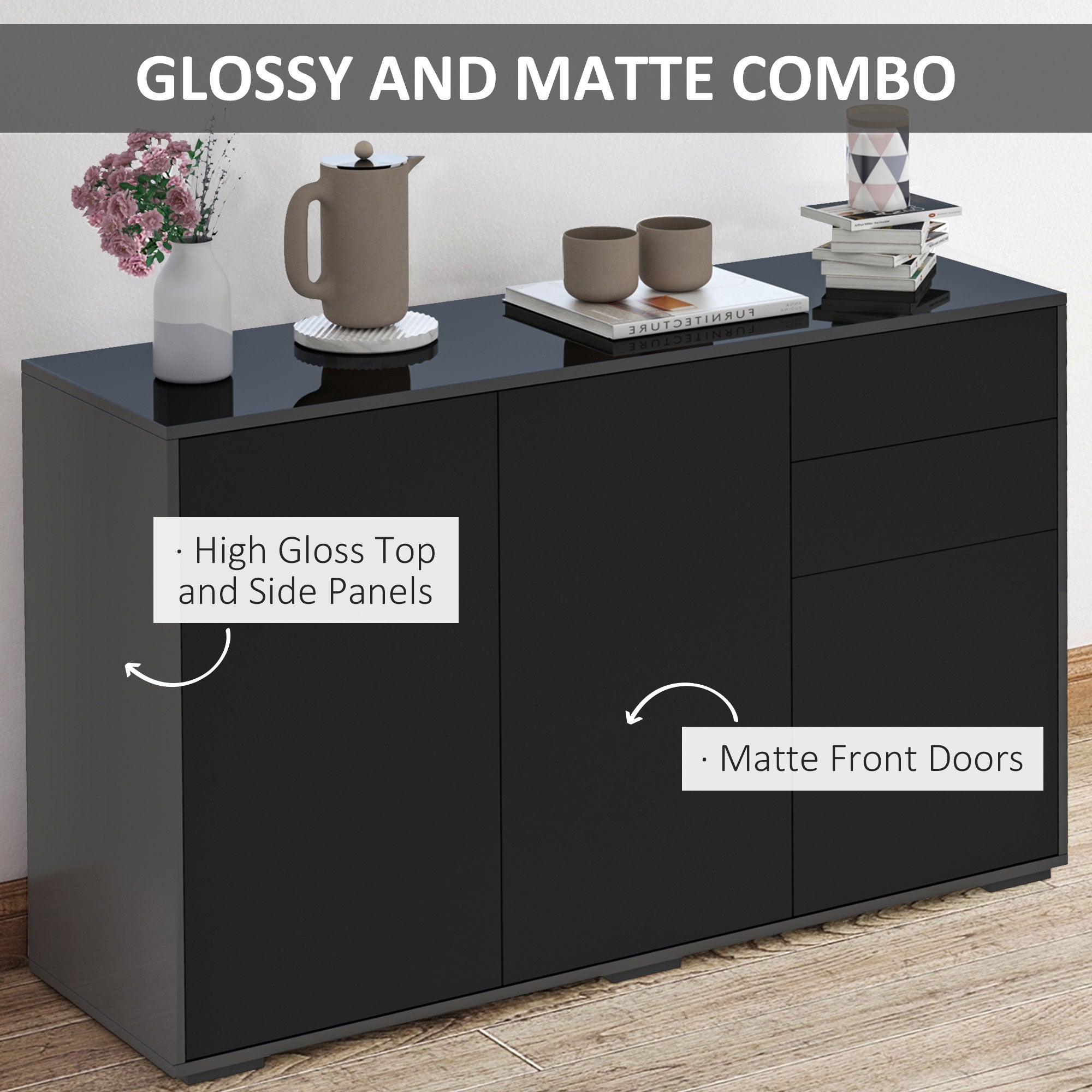 Kitchen Sideboard Cabinet - Black, 2 Drawers, Modern Push-Open Design-Sideboards-DECOROLALA