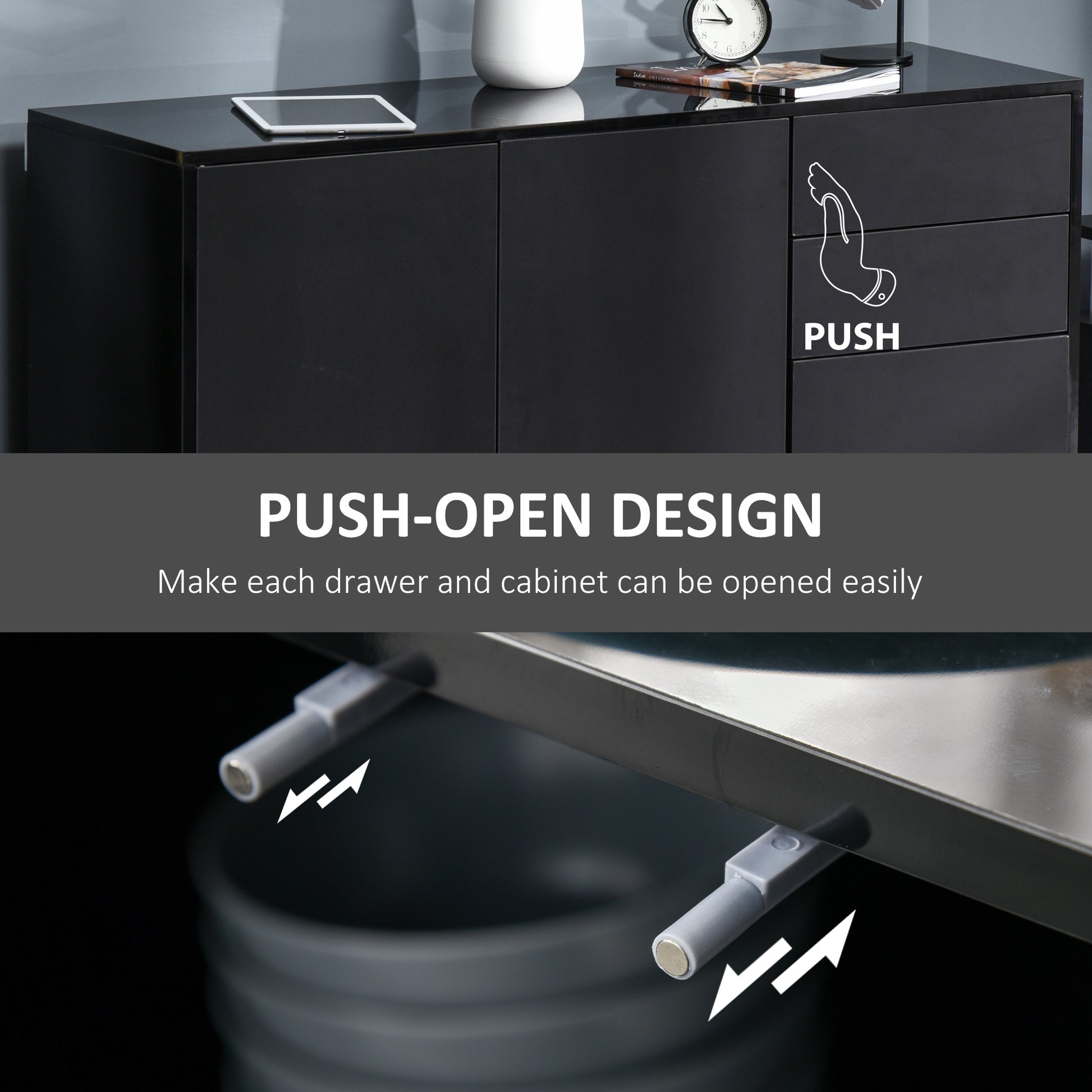 Kitchen Sideboard Cabinet - Black, 2 Drawers, Modern Push-Open Design-Sideboards-DECOROLALA