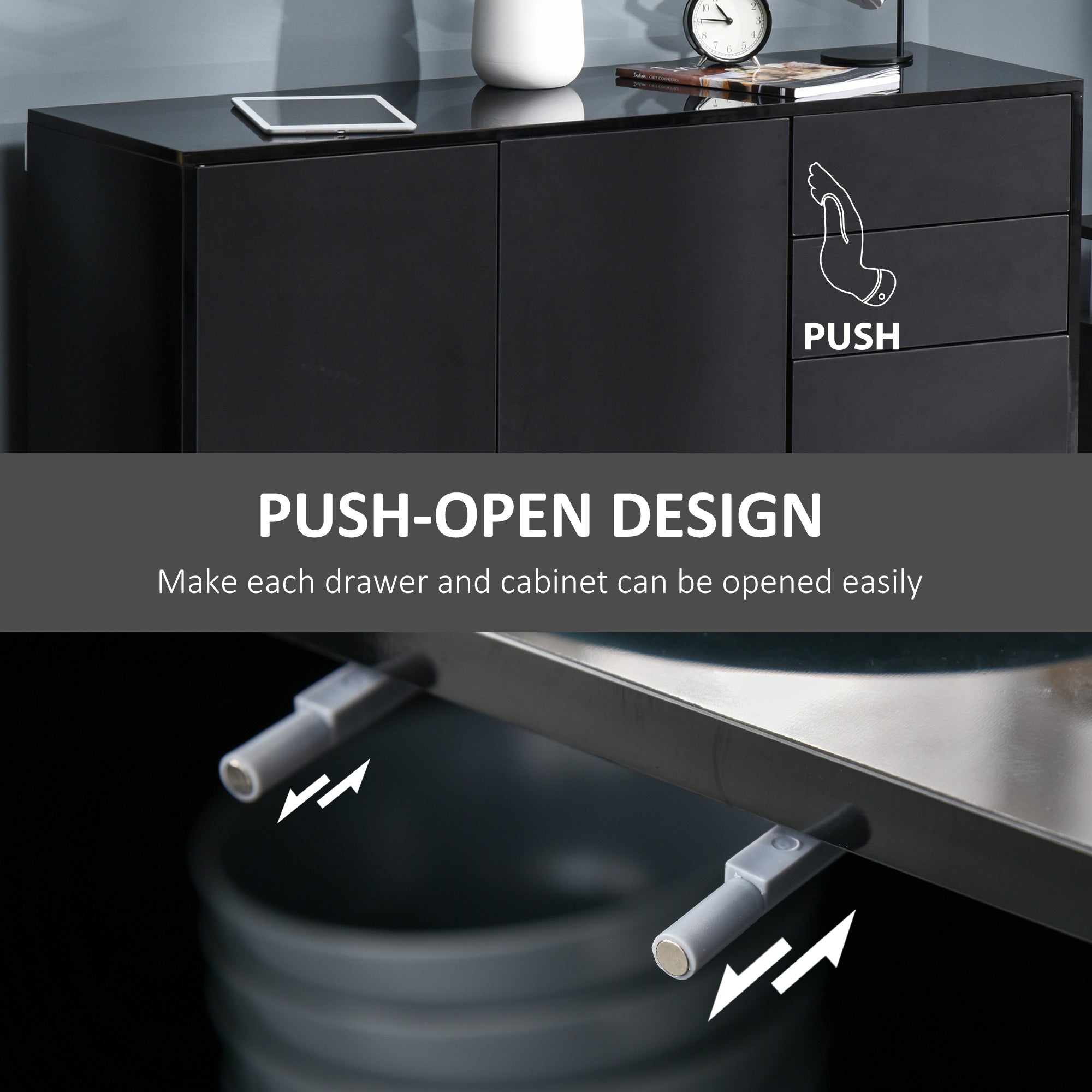 Kitchen Sideboard Cabinet - Black, 2 Drawers, Modern Push-Open Design-Sideboards-DECOROLALA