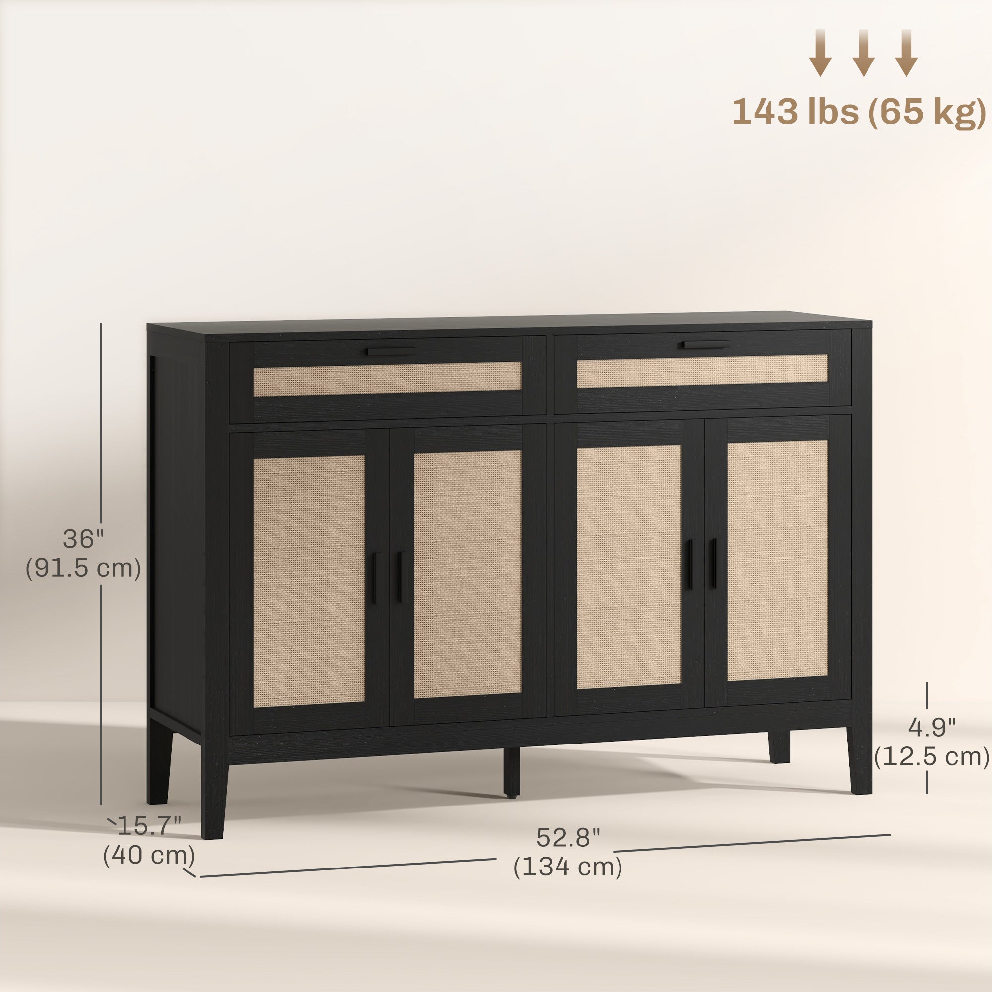Kitchen Sideboard Cabinet, Boho Buffet Table with Decorative Rattan Doors and Drawers for Dining Room, Black-DECOROLALA