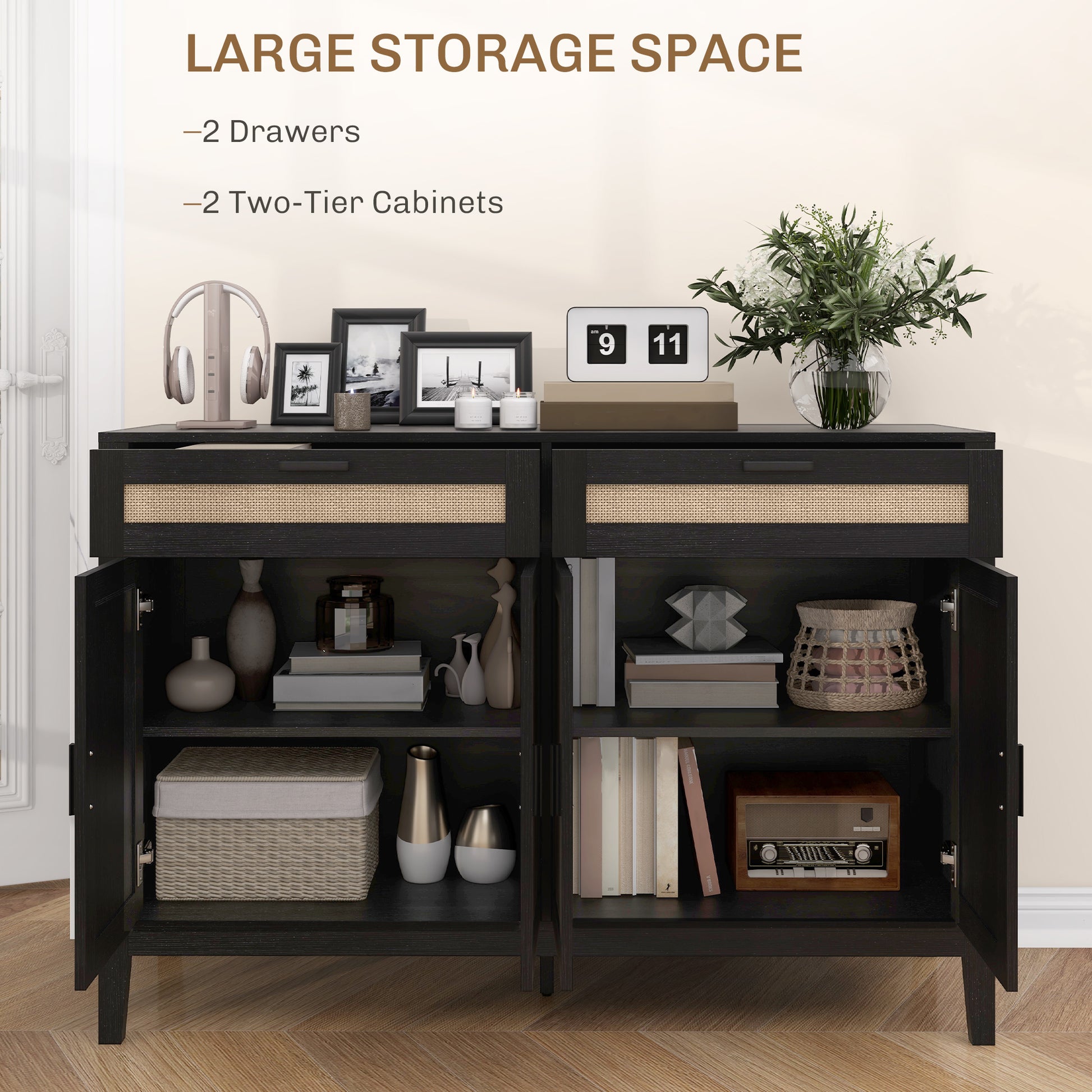 Kitchen Sideboard Cabinet, Boho Buffet Table with Decorative Rattan Doors and Drawers for Dining Room, Black-DECOROLALA