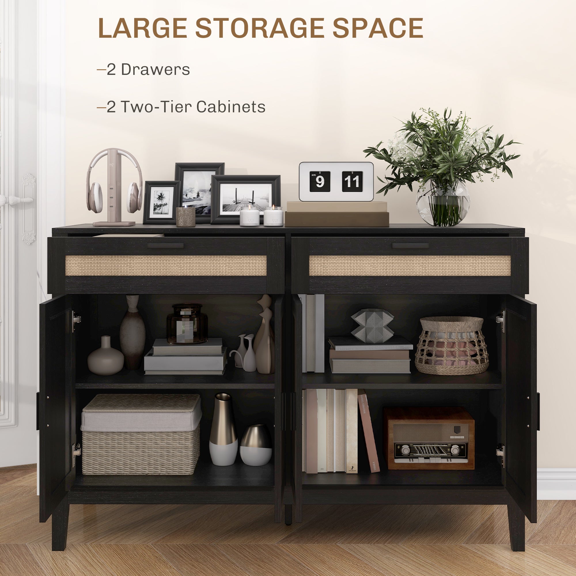 Kitchen Sideboard Cabinet, Boho Buffet Table with Decorative Rattan Doors and Drawers for Dining Room, Black-DECOROLALA