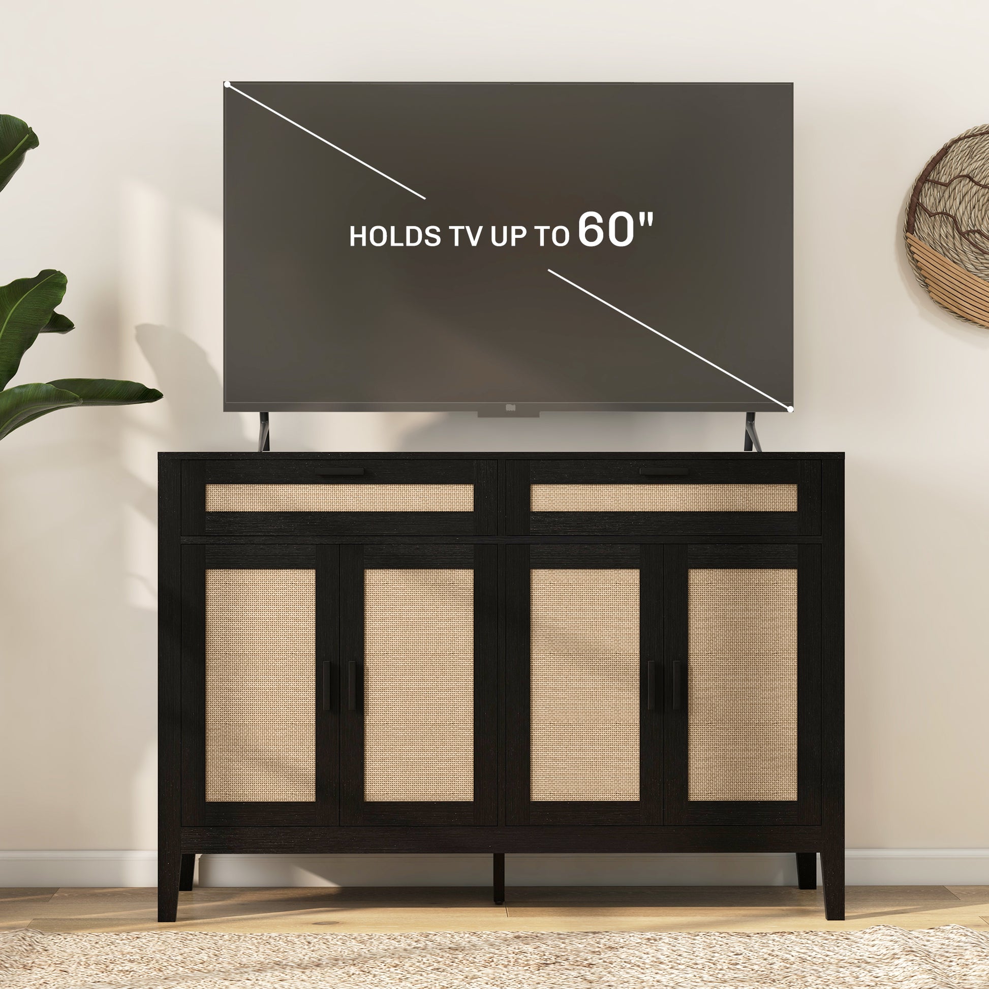 Kitchen Sideboard Cabinet, Boho Buffet Table with Decorative Rattan Doors and Drawers for Dining Room, Black-DECOROLALA