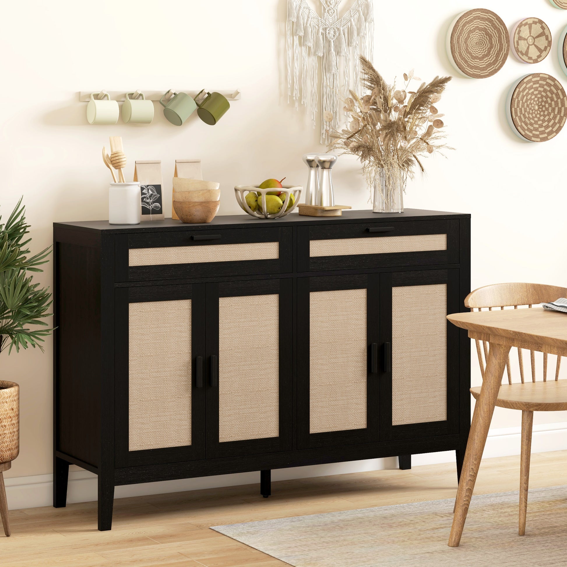Kitchen Sideboard Cabinet, Boho Buffet Table with Decorative Rattan Doors and Drawers for Dining Room, Black-DECOROLALA