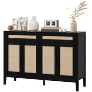 Kitchen Sideboard Cabinet, Boho Buffet Table with Decorative Rattan Doors and Drawers for Dining Room, Black-DECOROLALA