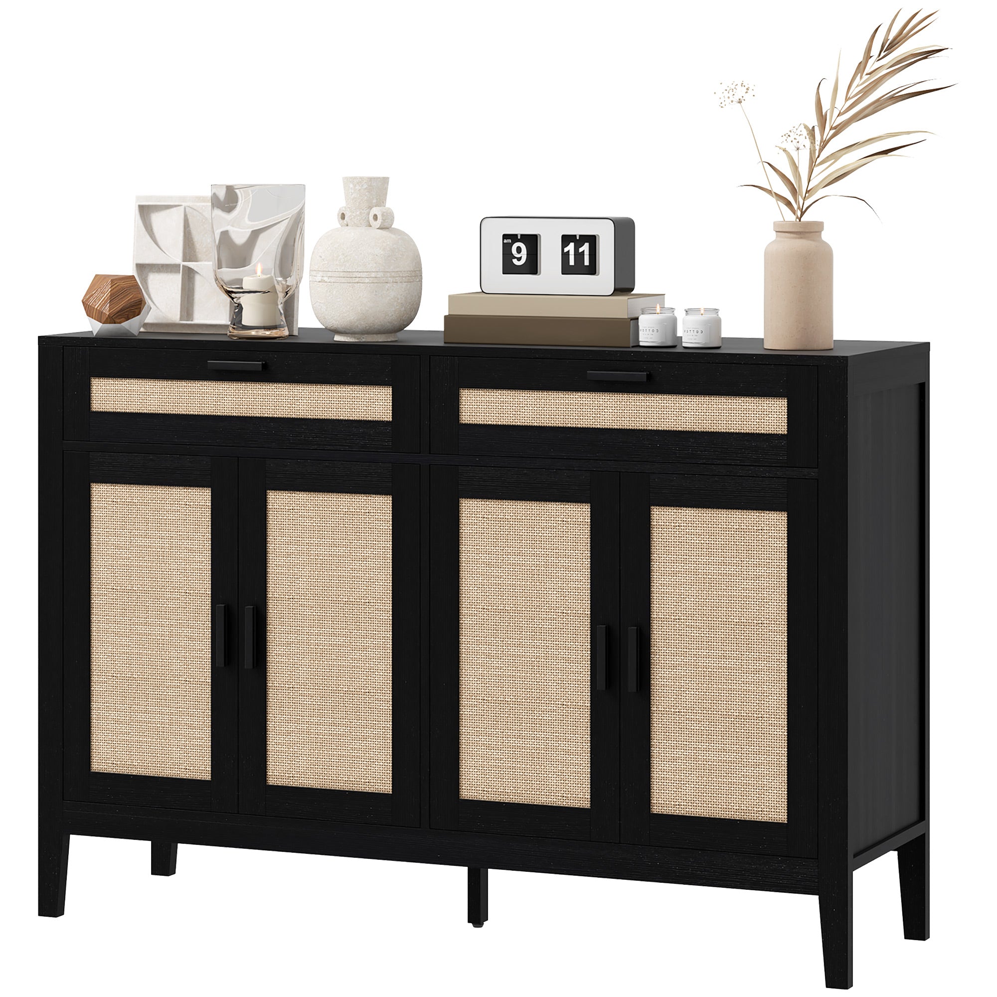 Kitchen Sideboard Cabinet, Boho Buffet Table with Decorative Rattan Doors and Drawers for Dining Room, Black-DECOROLALA
