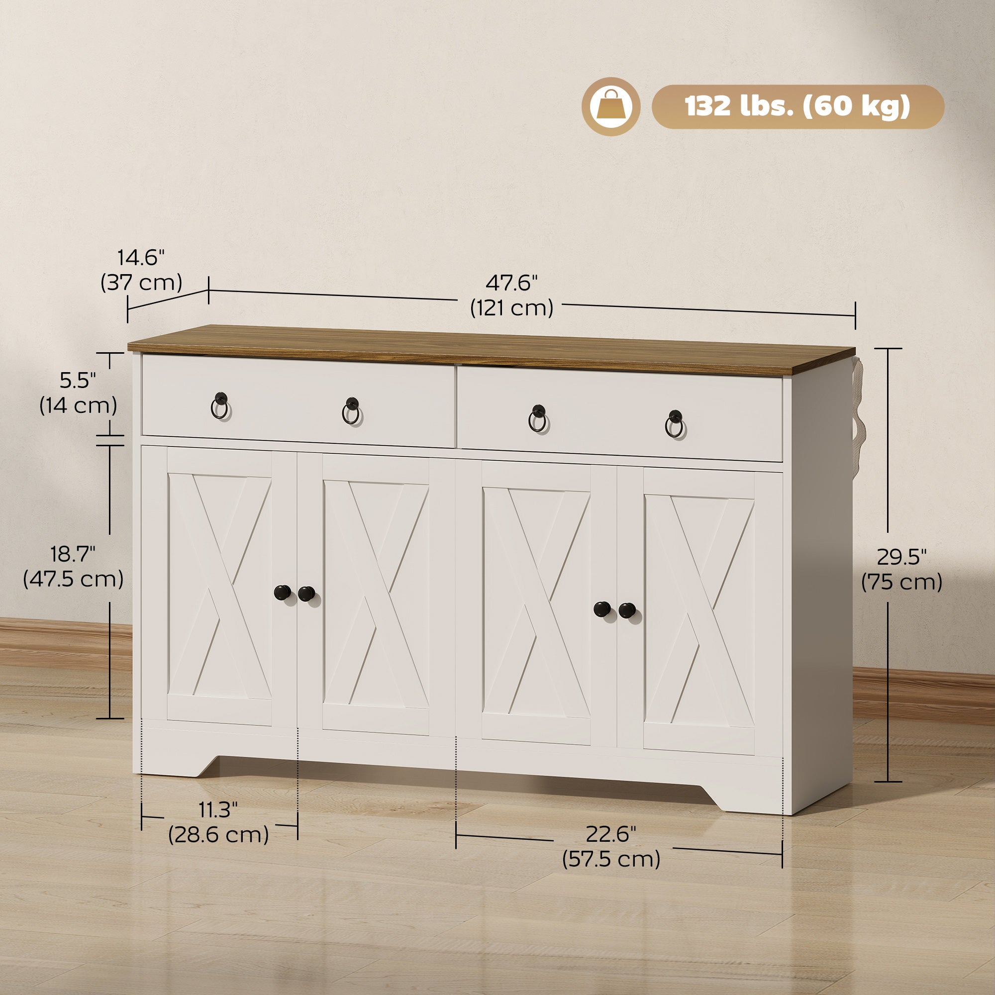 Kitchen Sideboard Cabinet, White, Barn Doors, 2 Drawers, 2 Shelves-DECOROLALA