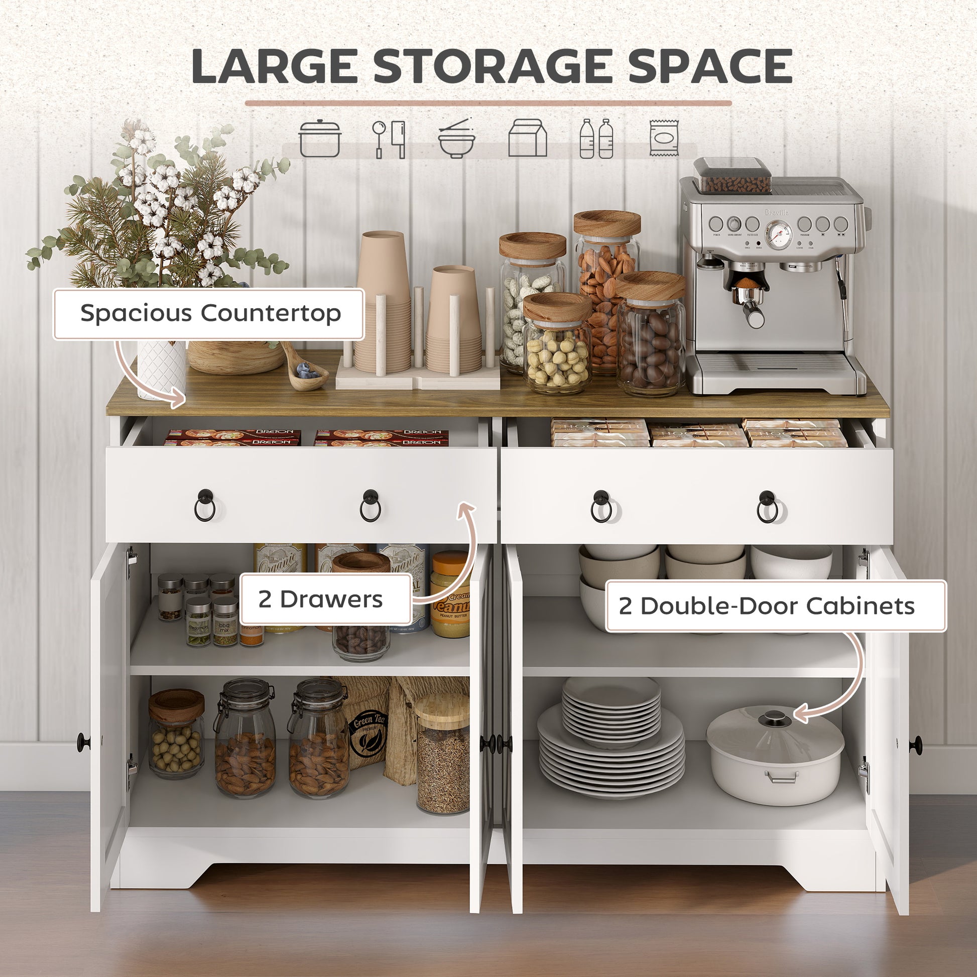 Kitchen Sideboard Cabinet, White, Barn Doors, 2 Drawers, 2 Shelves-DECOROLALA