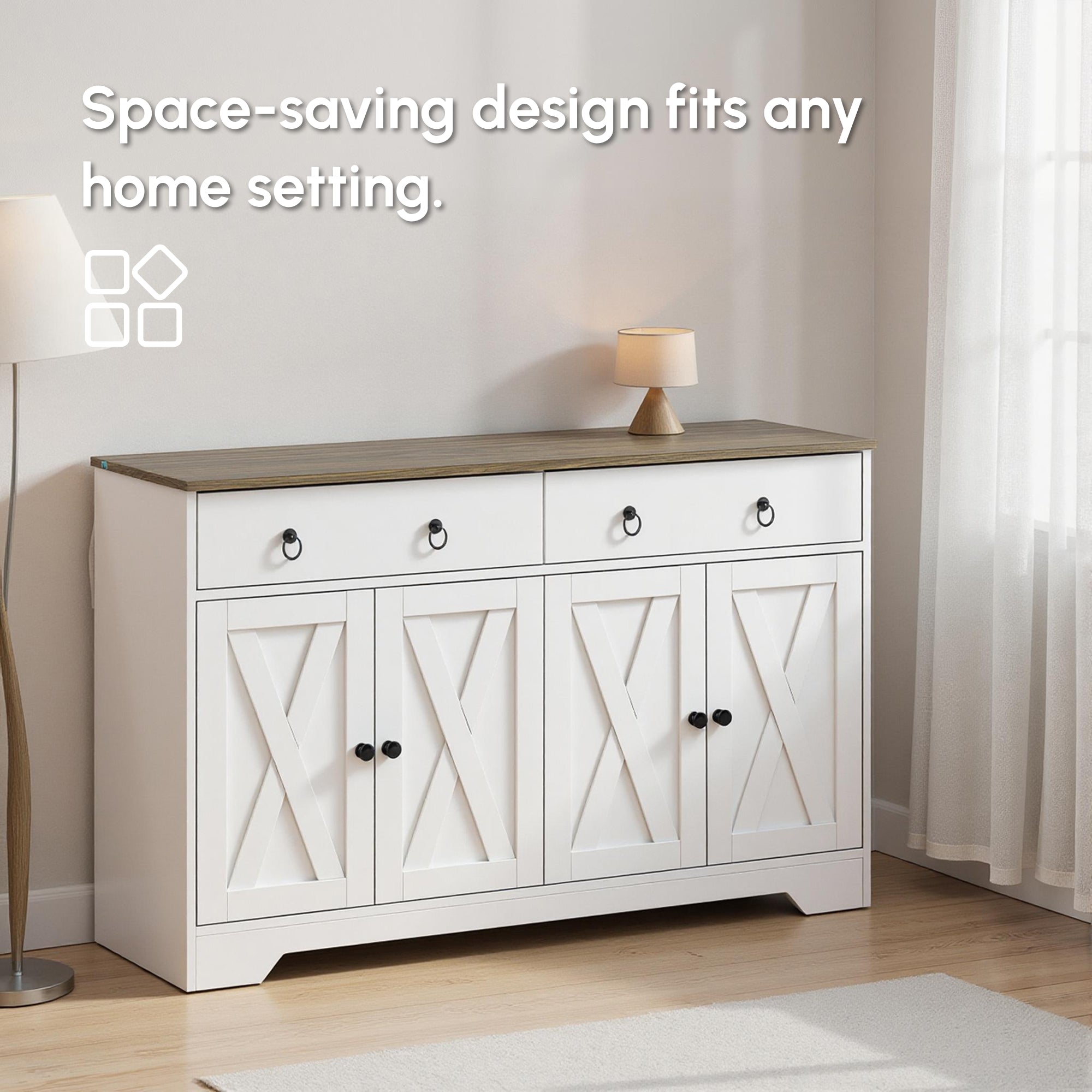 Kitchen Sideboard Cabinet, White, Barn Doors, 2 Drawers, 2 Shelves-DECOROLALA