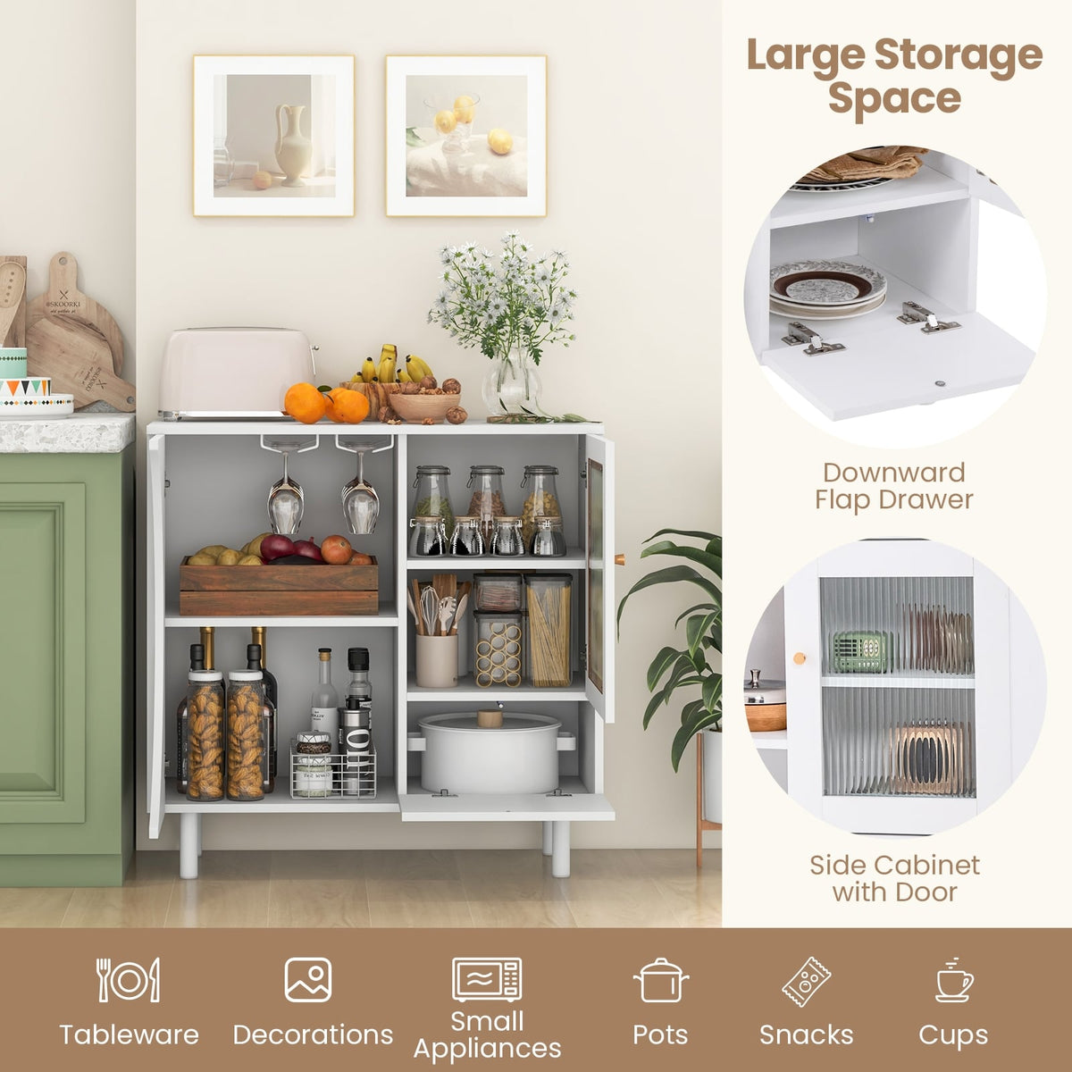 Kitchen Sideboard with Glasses Holder for Living Room Dining Room-White-Sideboards & Buffets-DECOROLALA