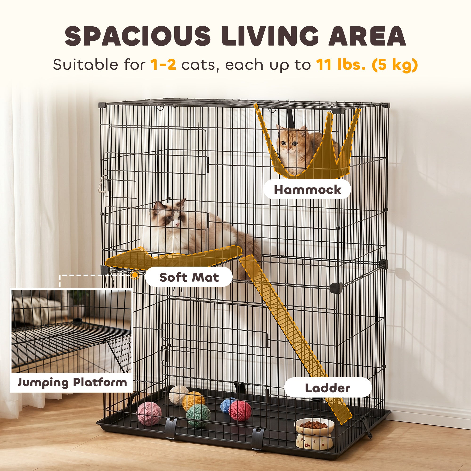 2-Tier Cat Cage Indoor, Detachable Metal Wire Kennel with Hammock, Platform, Tray and Cushion for 1-2 Kittens