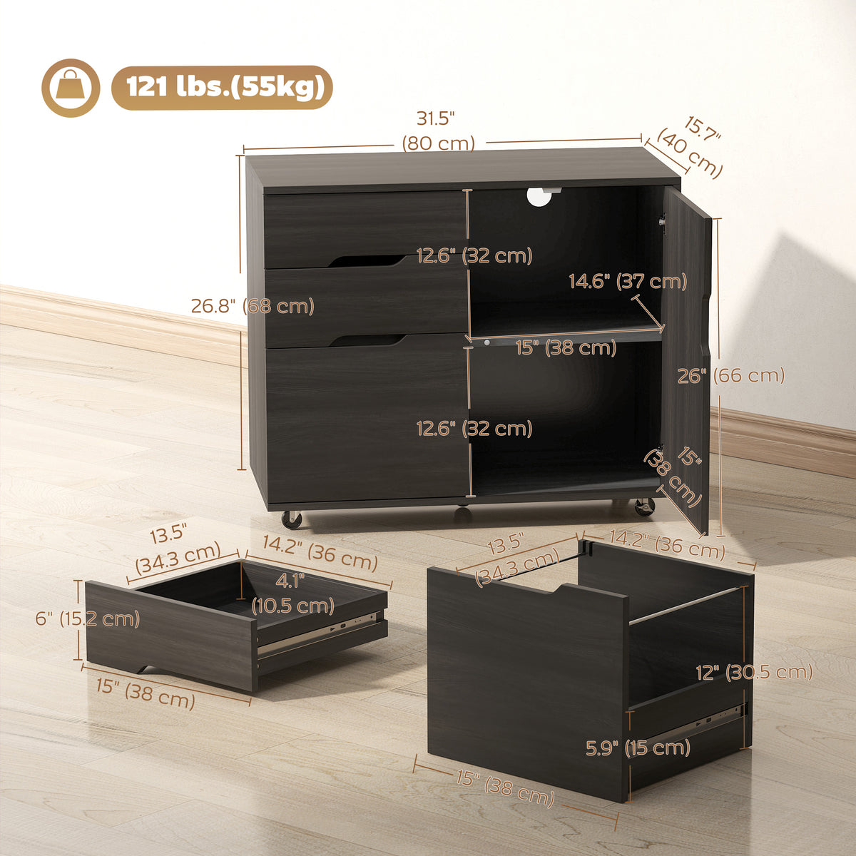 3-Drawer Filing Cabinet with Adjustable Shelf - Black Wood Grain