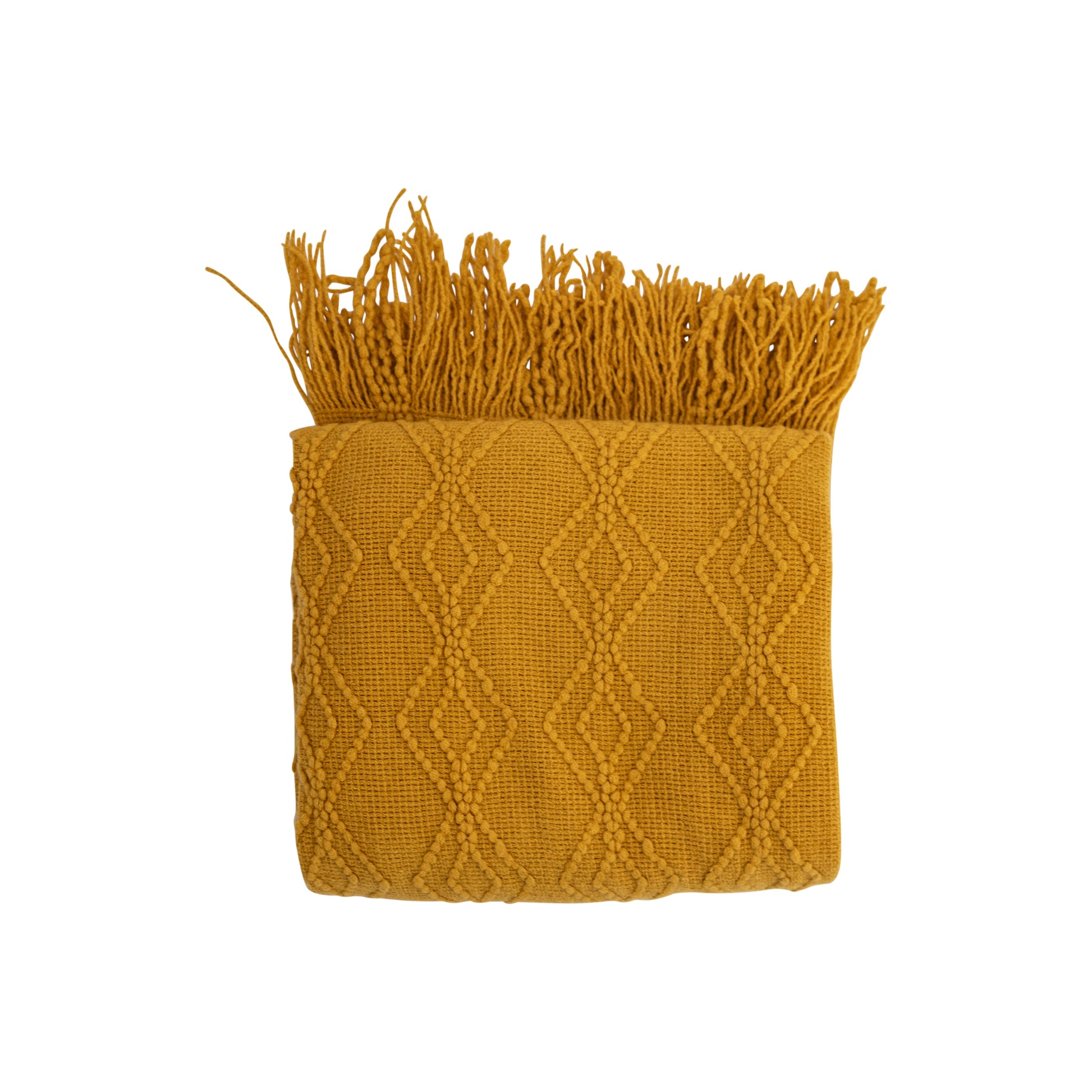 Knit Yellow Throw Blanket with Fringe-Throw Blankets-DECOROLALA