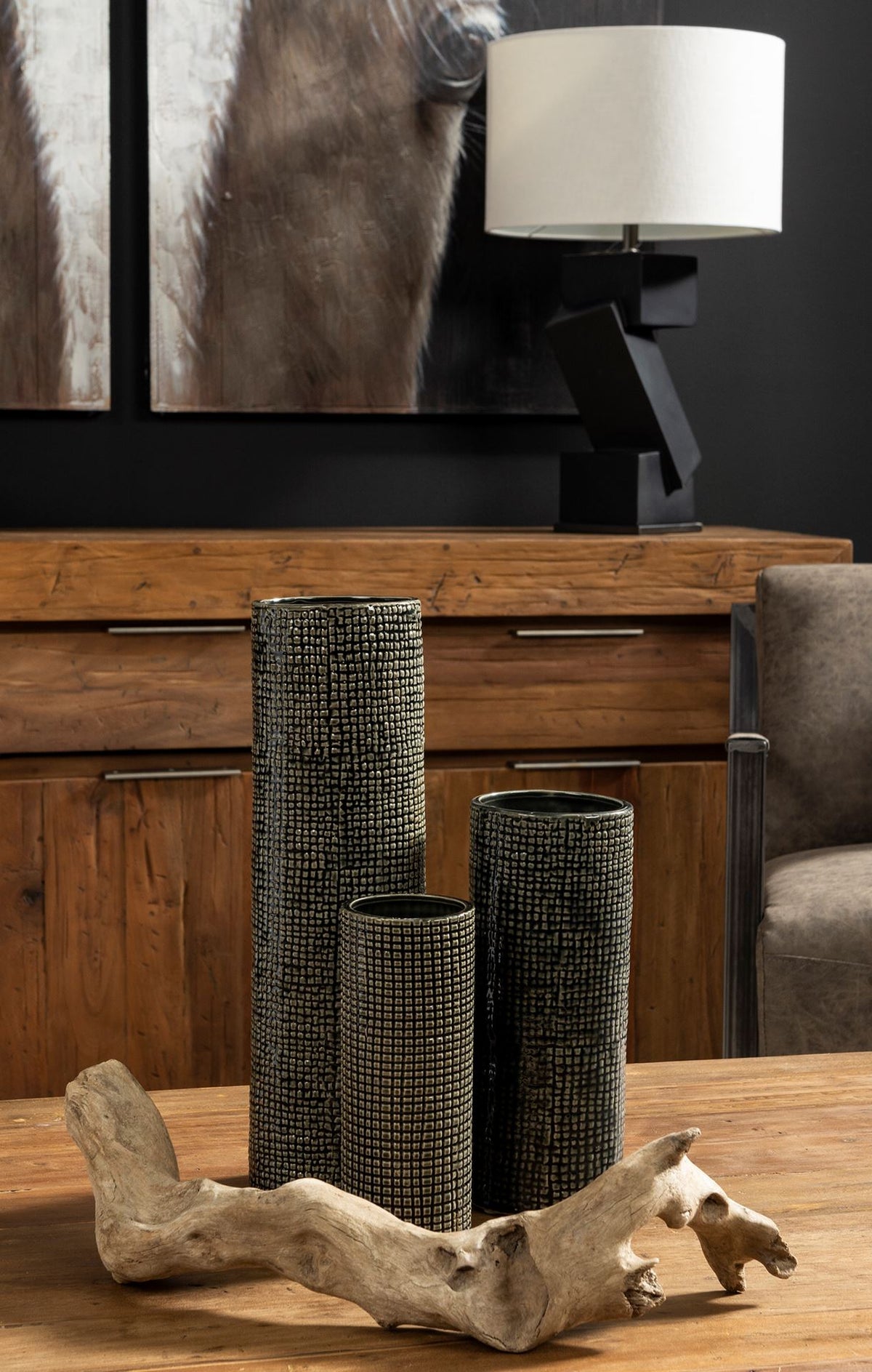 Kona III Large Black/Gold Cylindrical Ceramic Vase-Vase-DECOROLALA