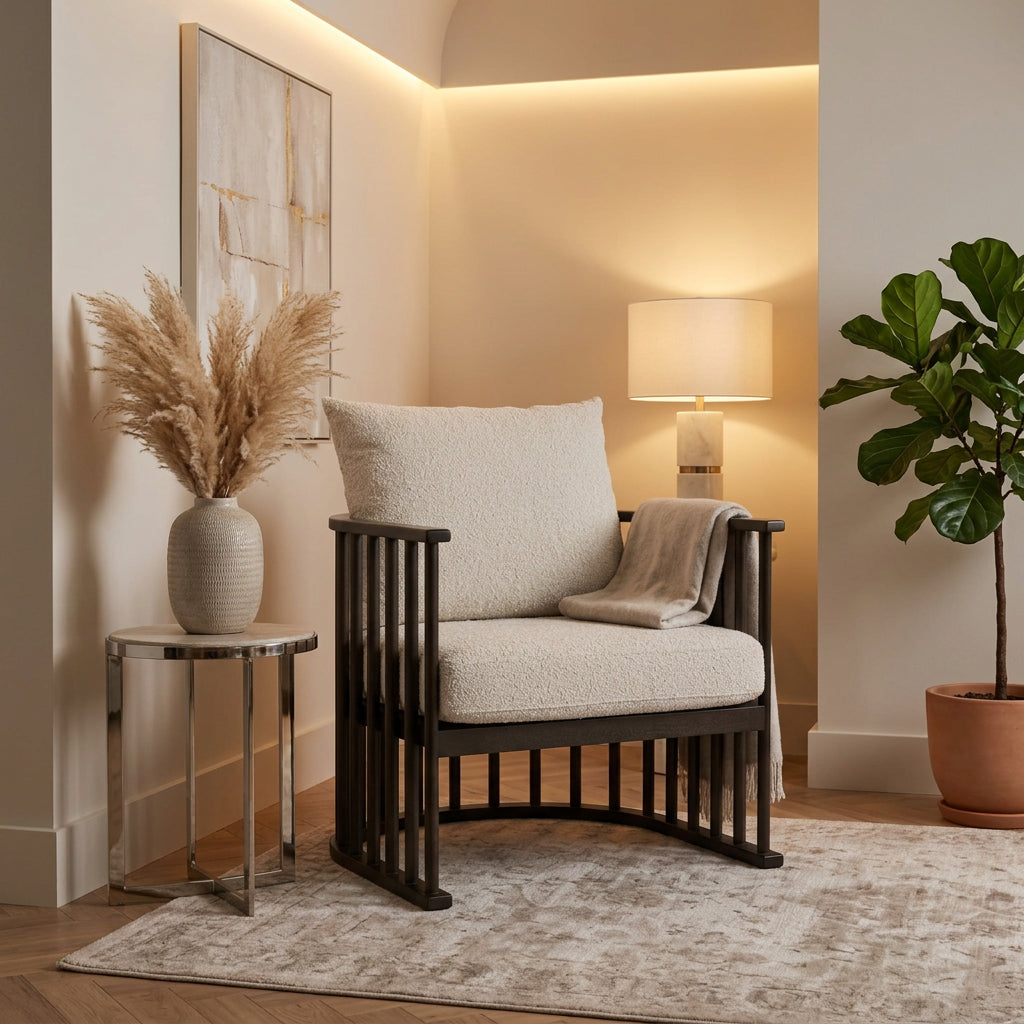 Kopari Fabric and Light Brown Wood Accent Chair-Accent Chairs-DECOROLALA