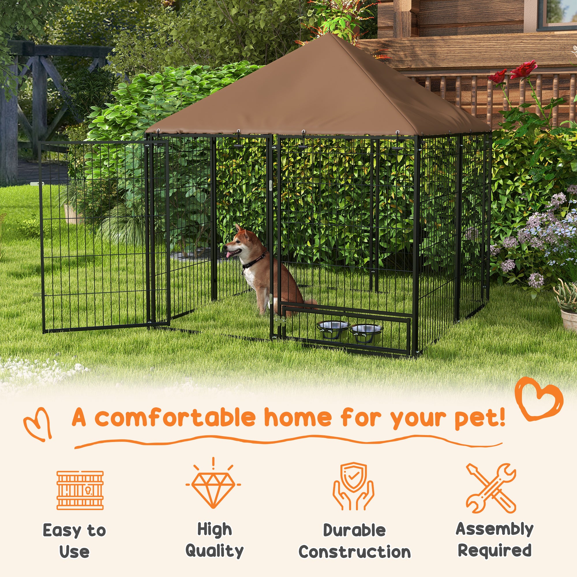 Chenil extérieur pour chien de 4.6' x 4.6' x 5' avec auvent, écuelles rotatives, café