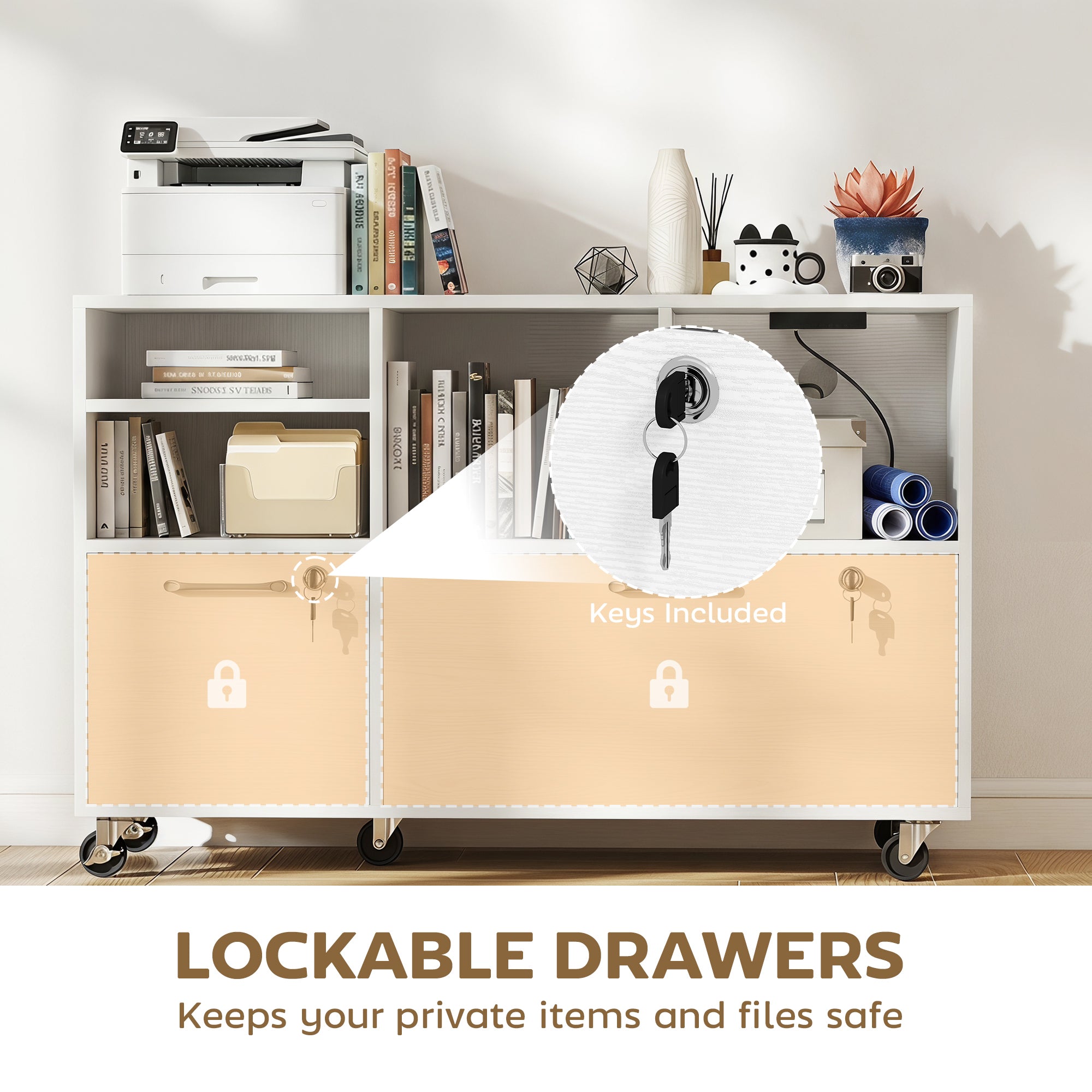 2-Drawer Mobile Lateral File Cabinet with Charging Station - White