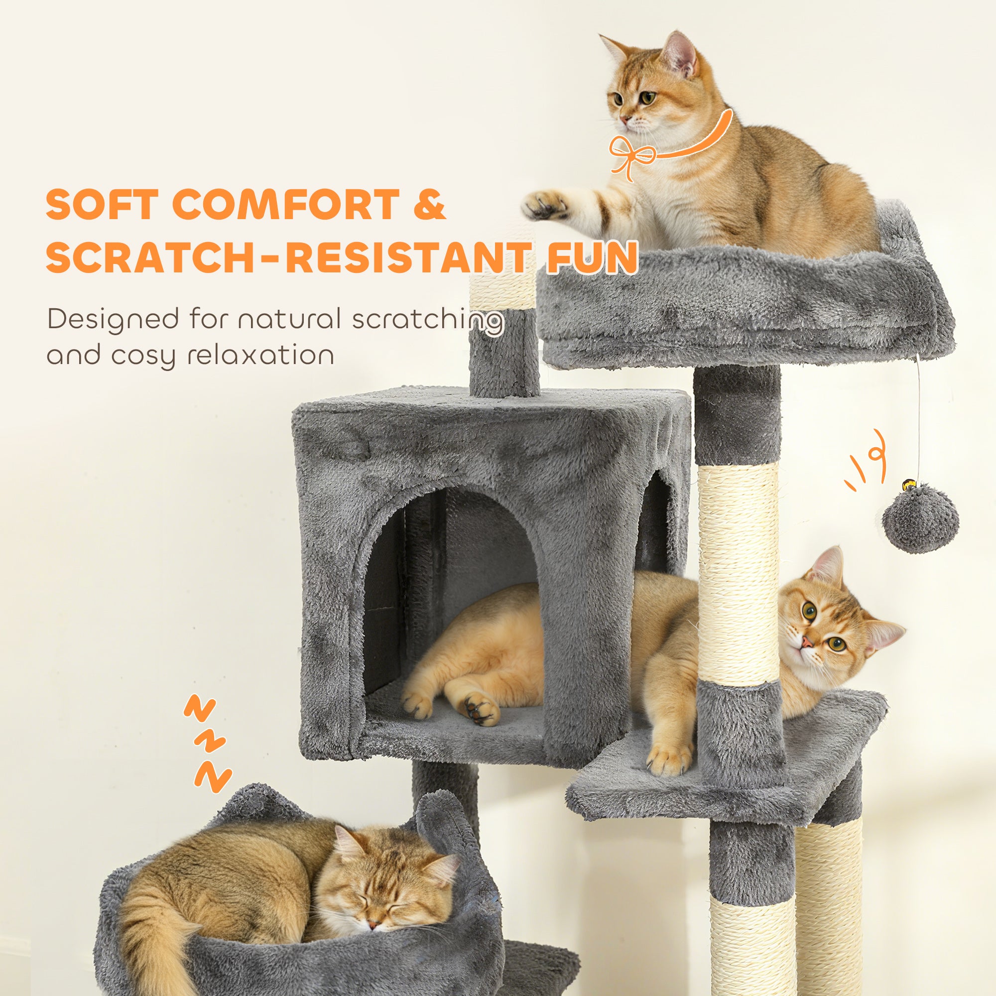 76" Large Cat Tree for Indoor Cats with 8 Scratching Posts, 3 Plush Beds, 2 Hammocks, 2 Large Condos, Ramp, Dark Grey