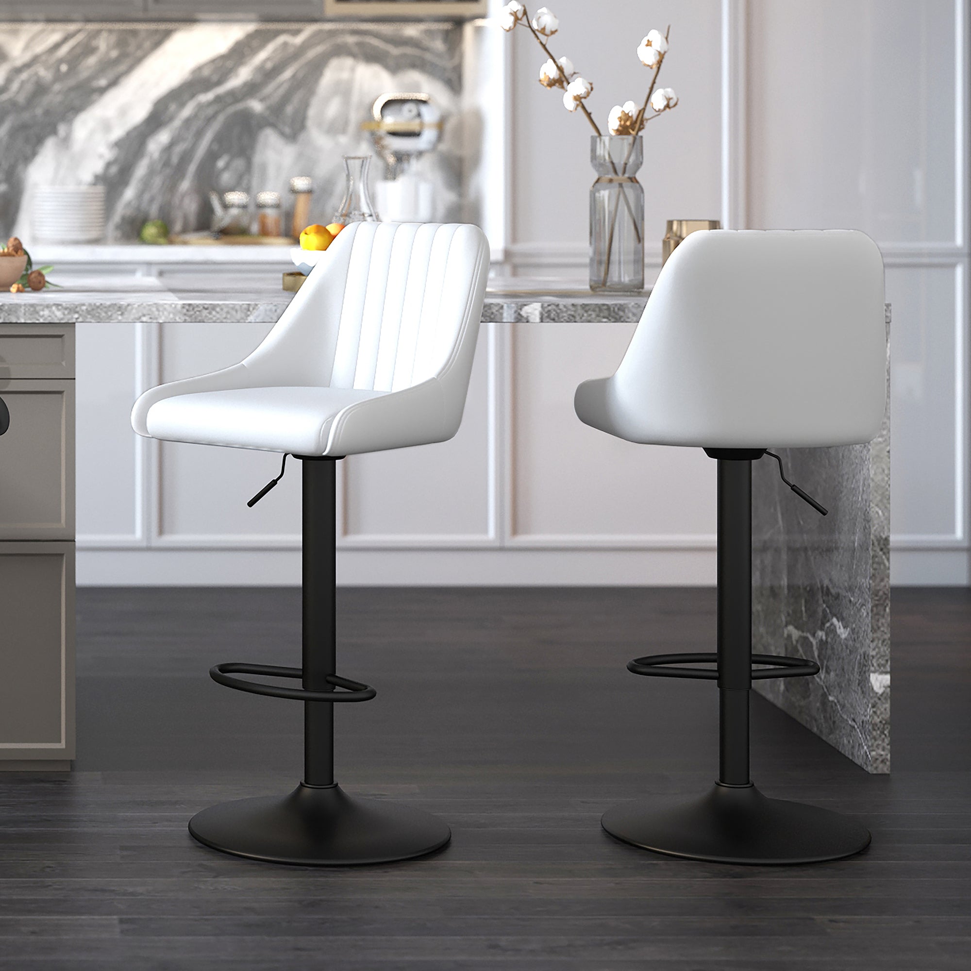 Kron-Air Lift Stool - White PU Leather Winged Back Stool-DECOROLALA