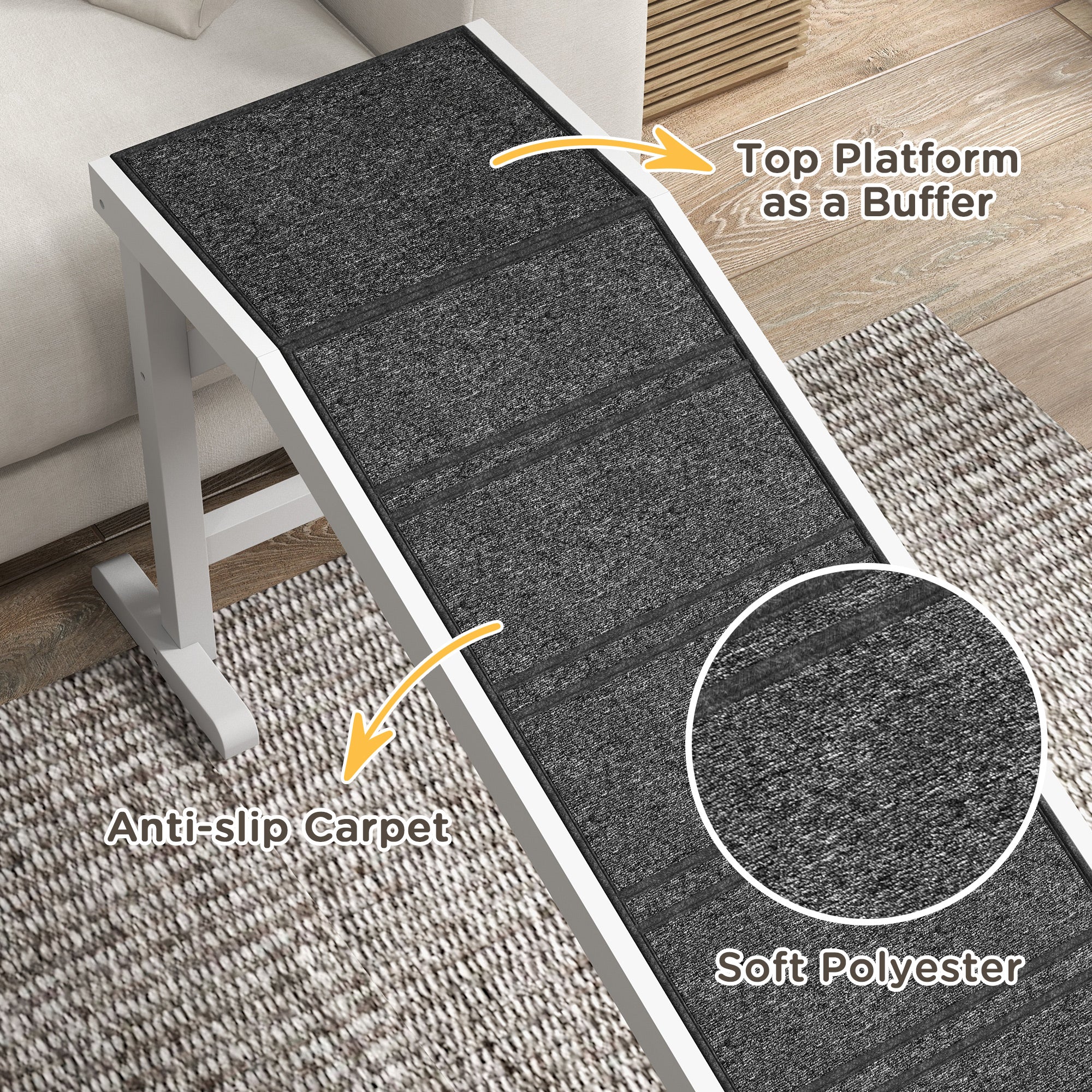Rampe pour animaux, marches pour lit de chien avec moquette antidérapante, plateforme supérieure, 74" x 16" x 25", blanche