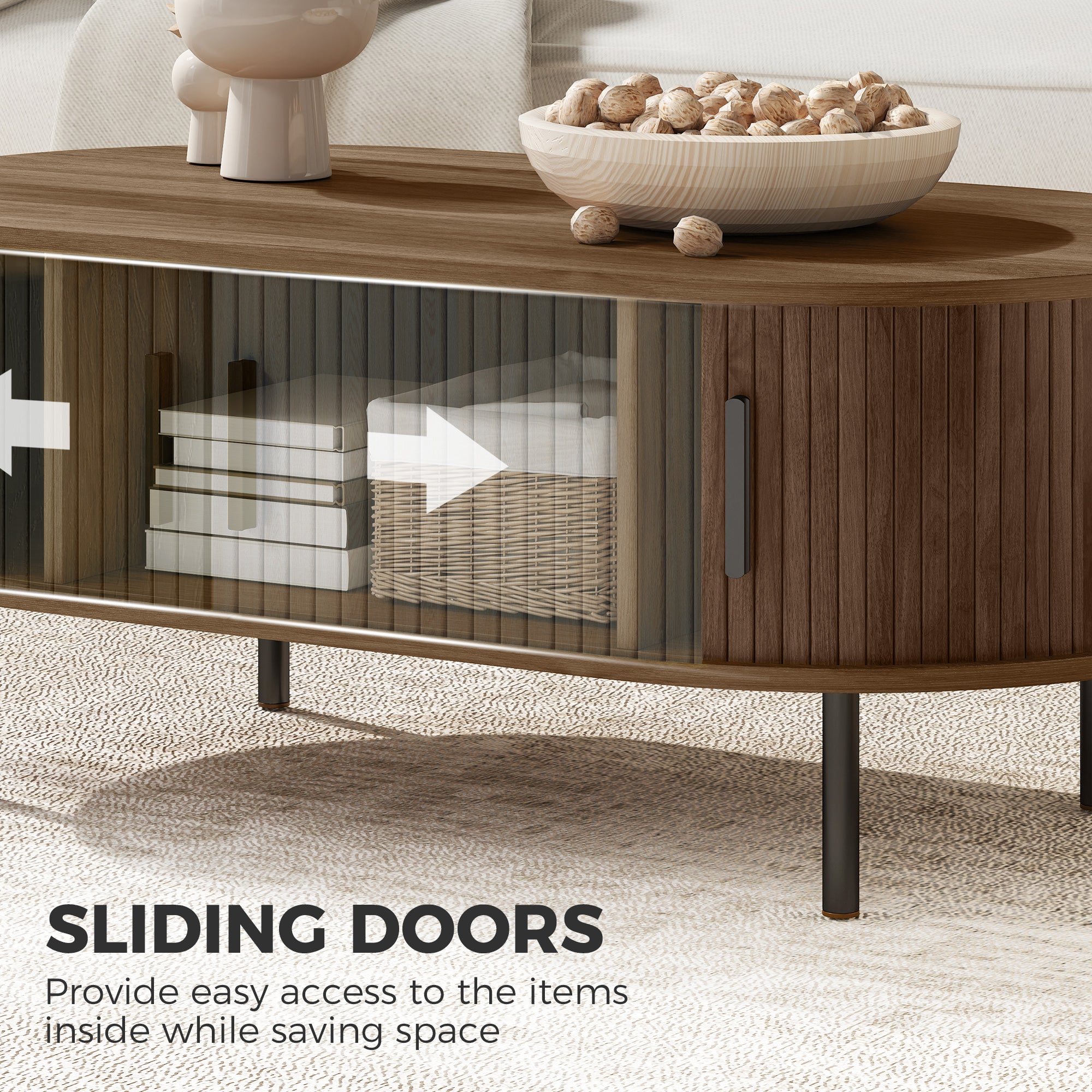 Coffee Table with Sliding Tambour Doors and Storage Center Table with Metal Legs, 39", Brown-Home Furnishings > Living Room Furniture > Coffee Tables-DECOROLALA