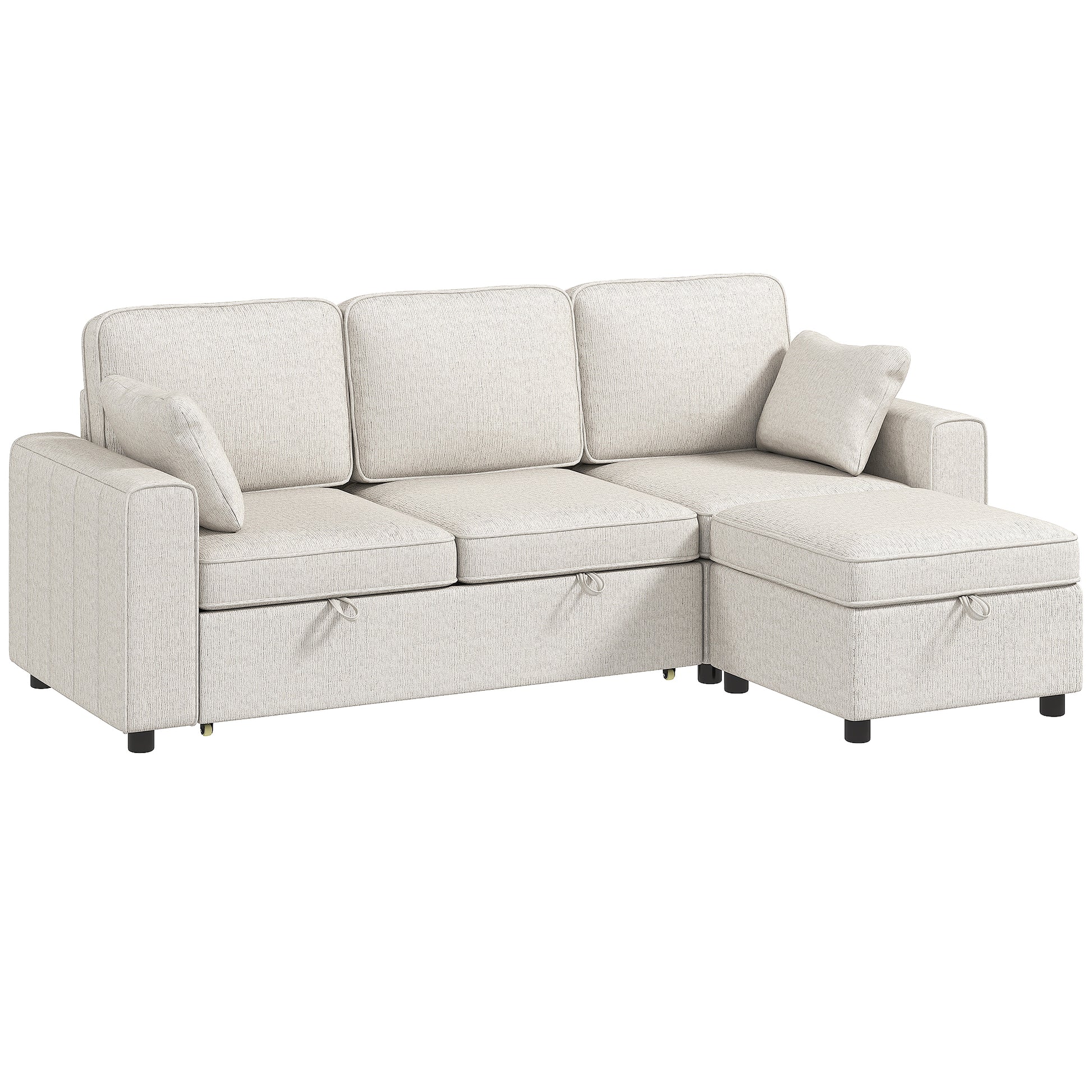 Modular Sectional Sofa Bed with Reversible Storage Ottoman, Pull Out Sleeper Sofa with Spring Cushion, Beige-Home Furnishings > Living Room Furniture > Sofas & Reclining Chairs-DECOROLALA