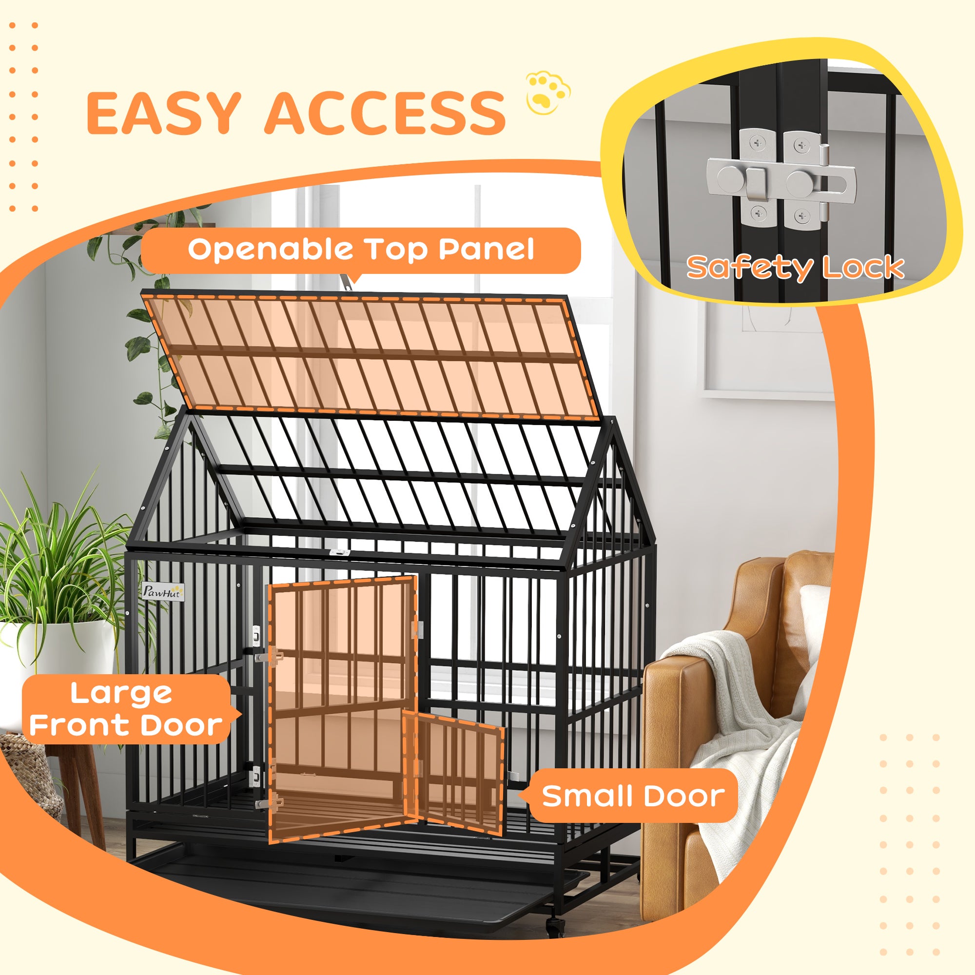 Cage pour chien robuste de 49" avec bac amovible, portes et toit ouvrable, pour chiens grands et très grands, noir