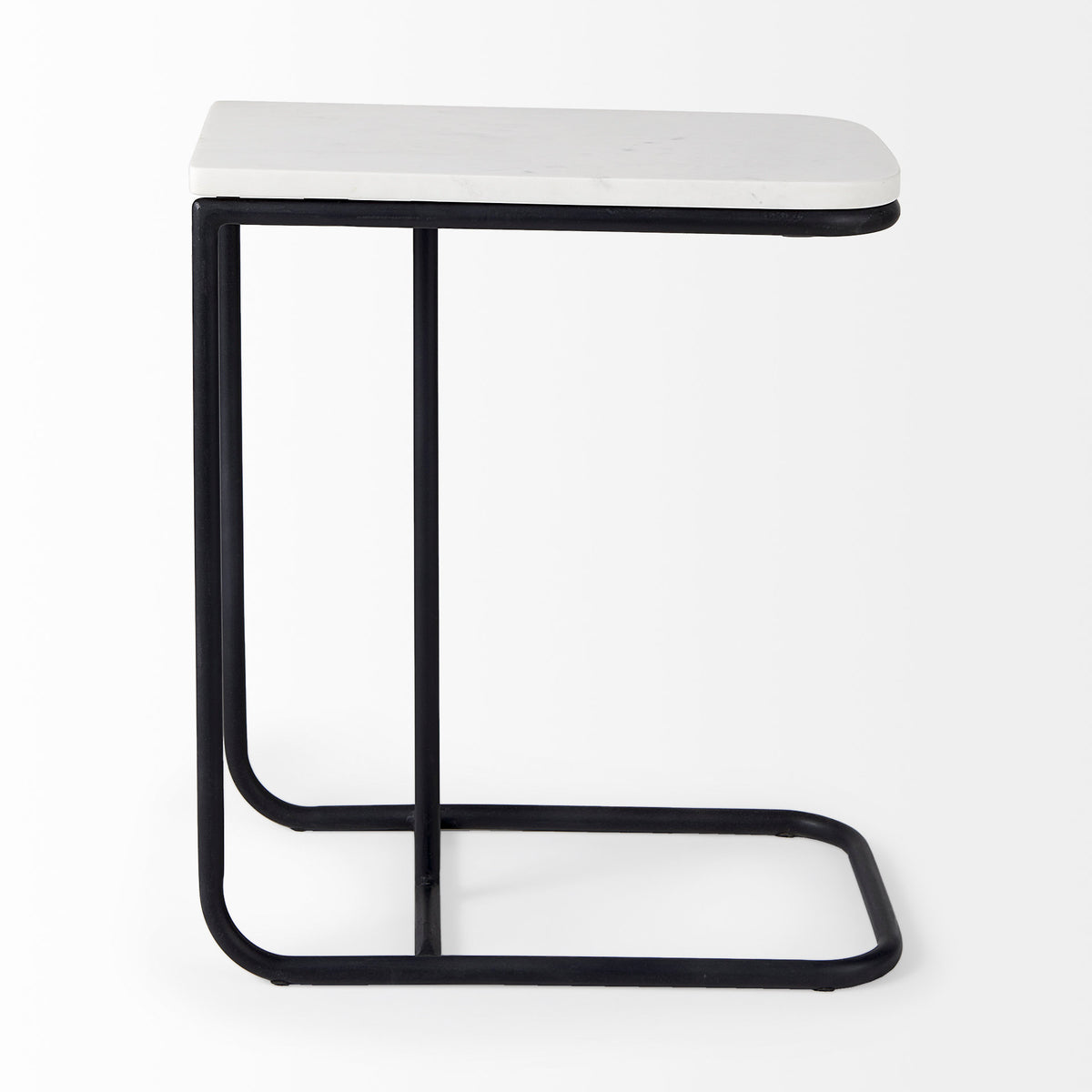 Kyra 12.0L x 20.0W x 23.0H White Marble Top W/Black Iron Frame C-Shaped End and Side Table-End and Side Tables-DECOROLALA
