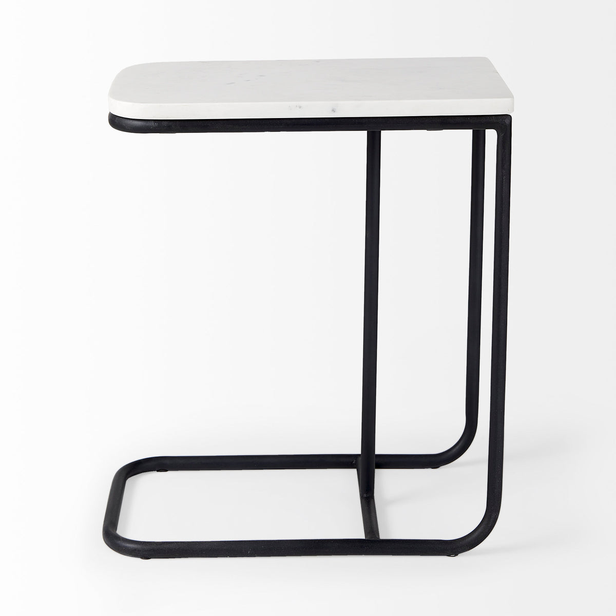 Kyra 12.0L x 20.0W x 23.0H White Marble Top W/Black Iron Frame C-Shaped End and Side Table-End and Side Tables-DECOROLALA