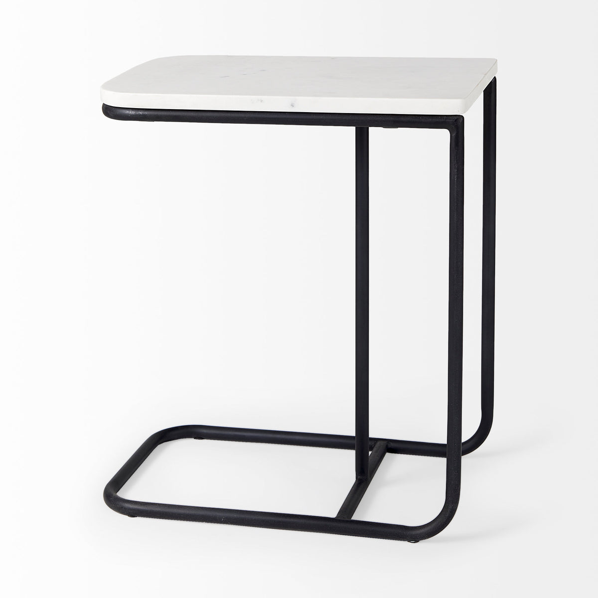Kyra 12.0L x 20.0W x 23.0H White Marble Top W/Black Iron Frame C-Shaped End and Side Table-End and Side Tables-DECOROLALA
