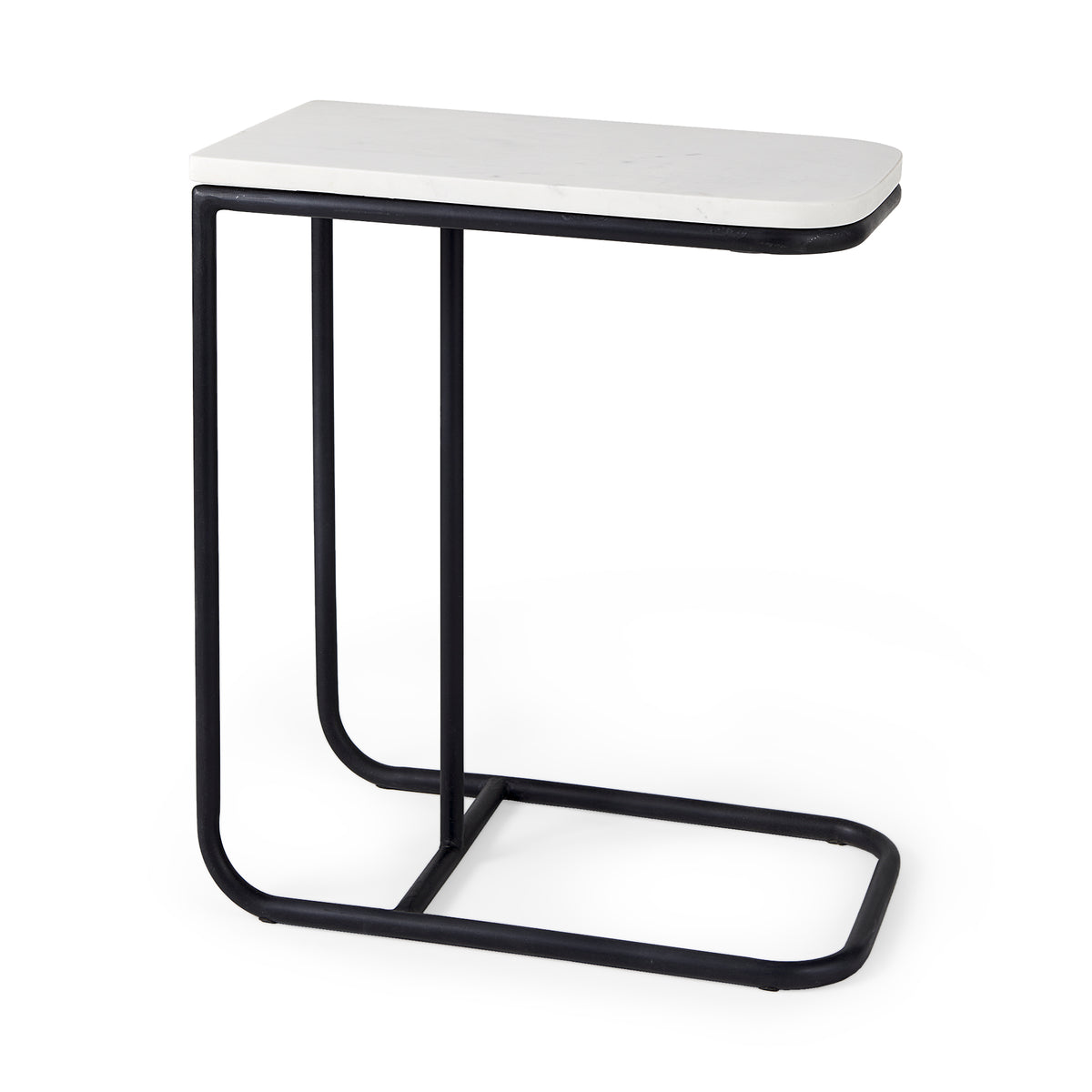 Kyra 12.0L x 20.0W x 23.0H White Marble Top W/Black Iron Frame C-Shaped End and Side Table-End and Side Tables-DECOROLALA