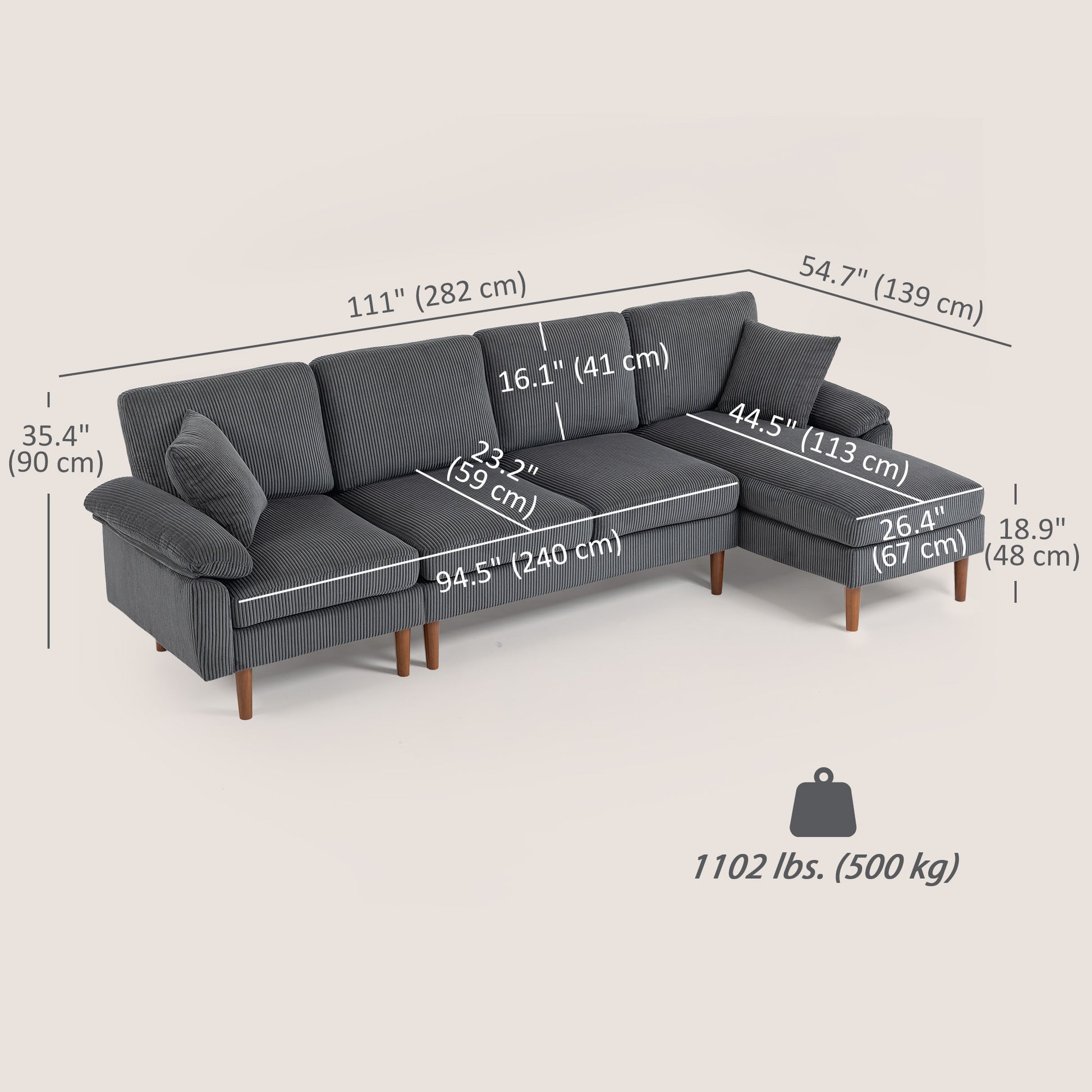 L-Shape Sectional Sofa Corduroy Dark Grey 111"-DECOROLALA
