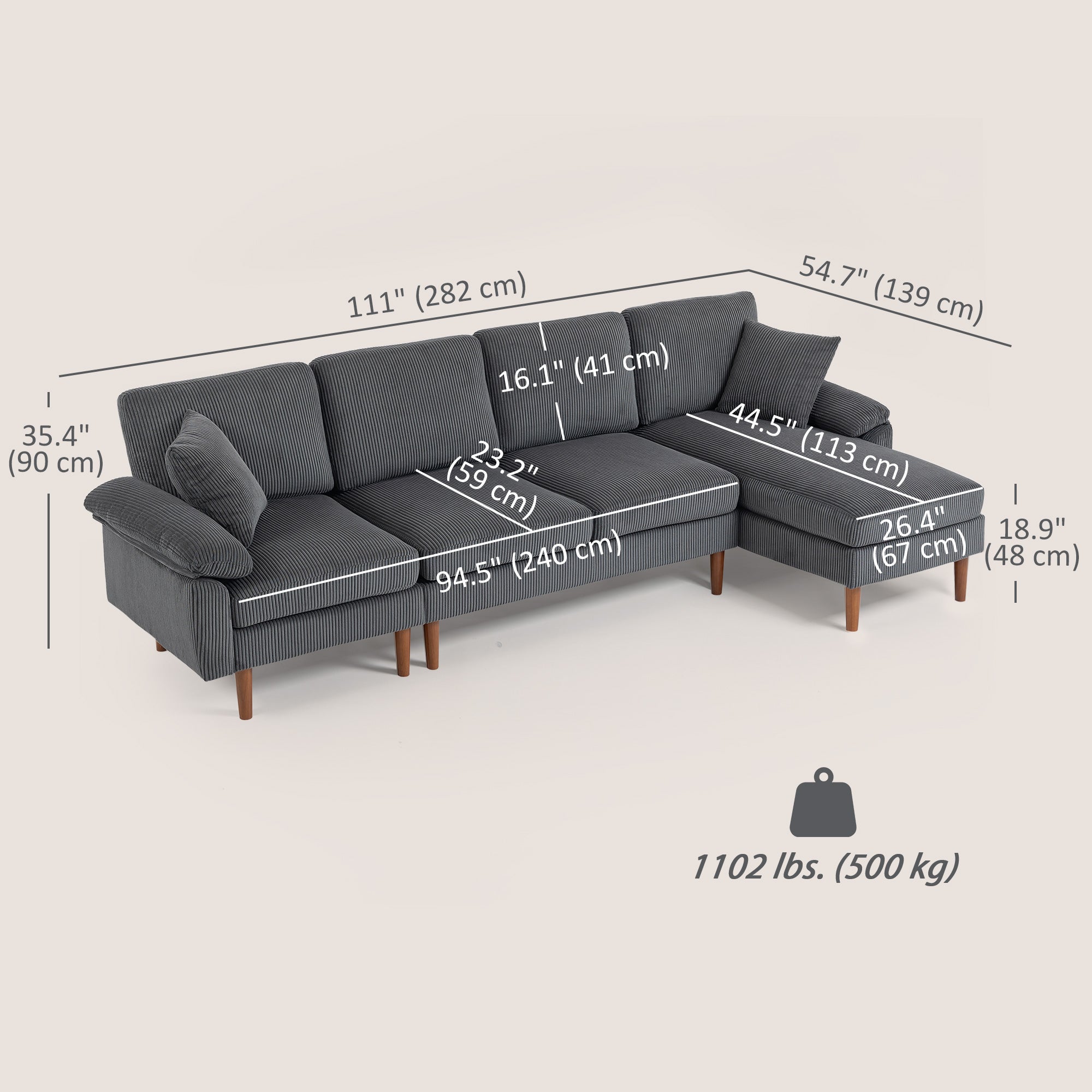 L-Shape Sectional Sofa Corduroy Dark Grey 111"-DECOROLALA