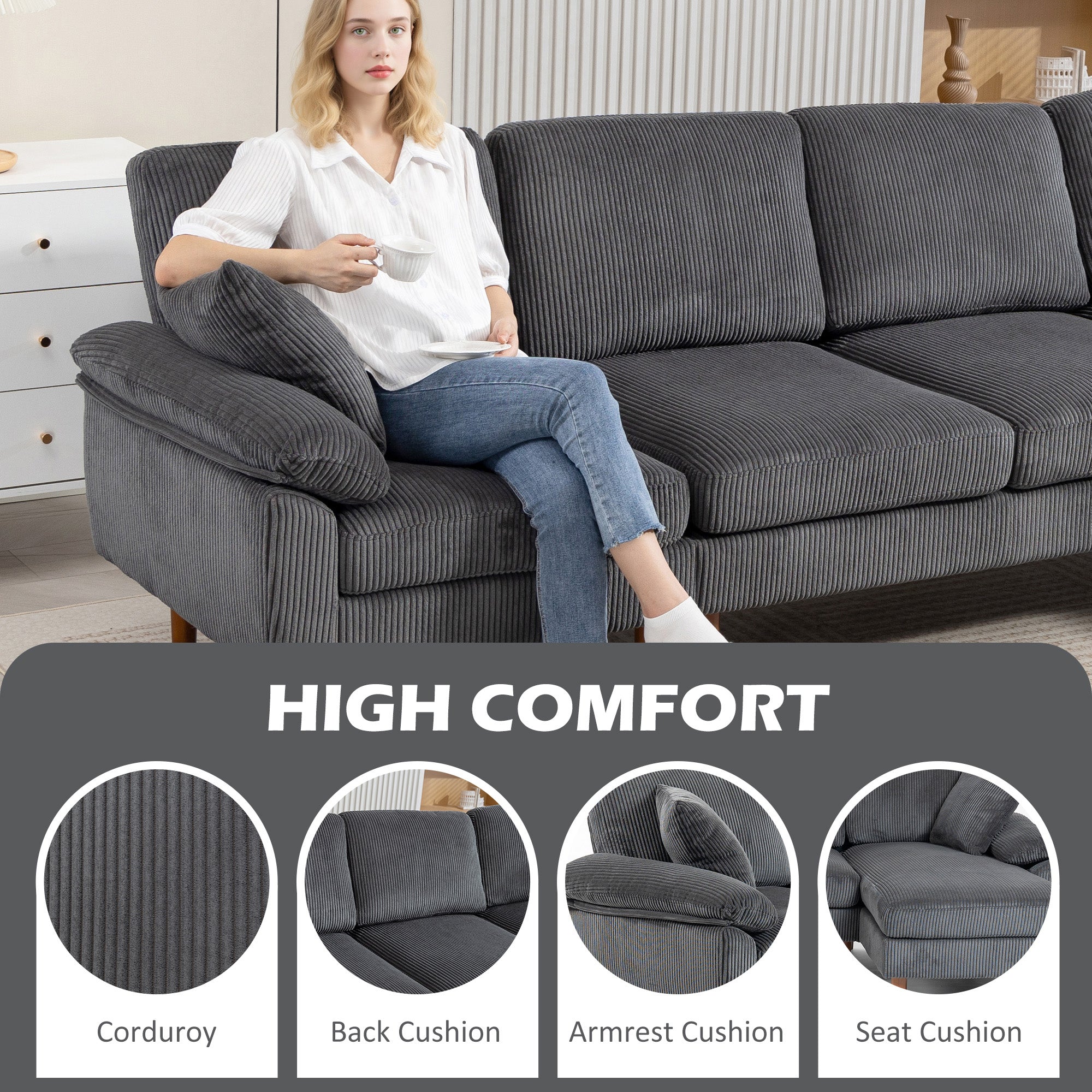 L-Shape Sectional Sofa Corduroy Dark Grey 111"-DECOROLALA