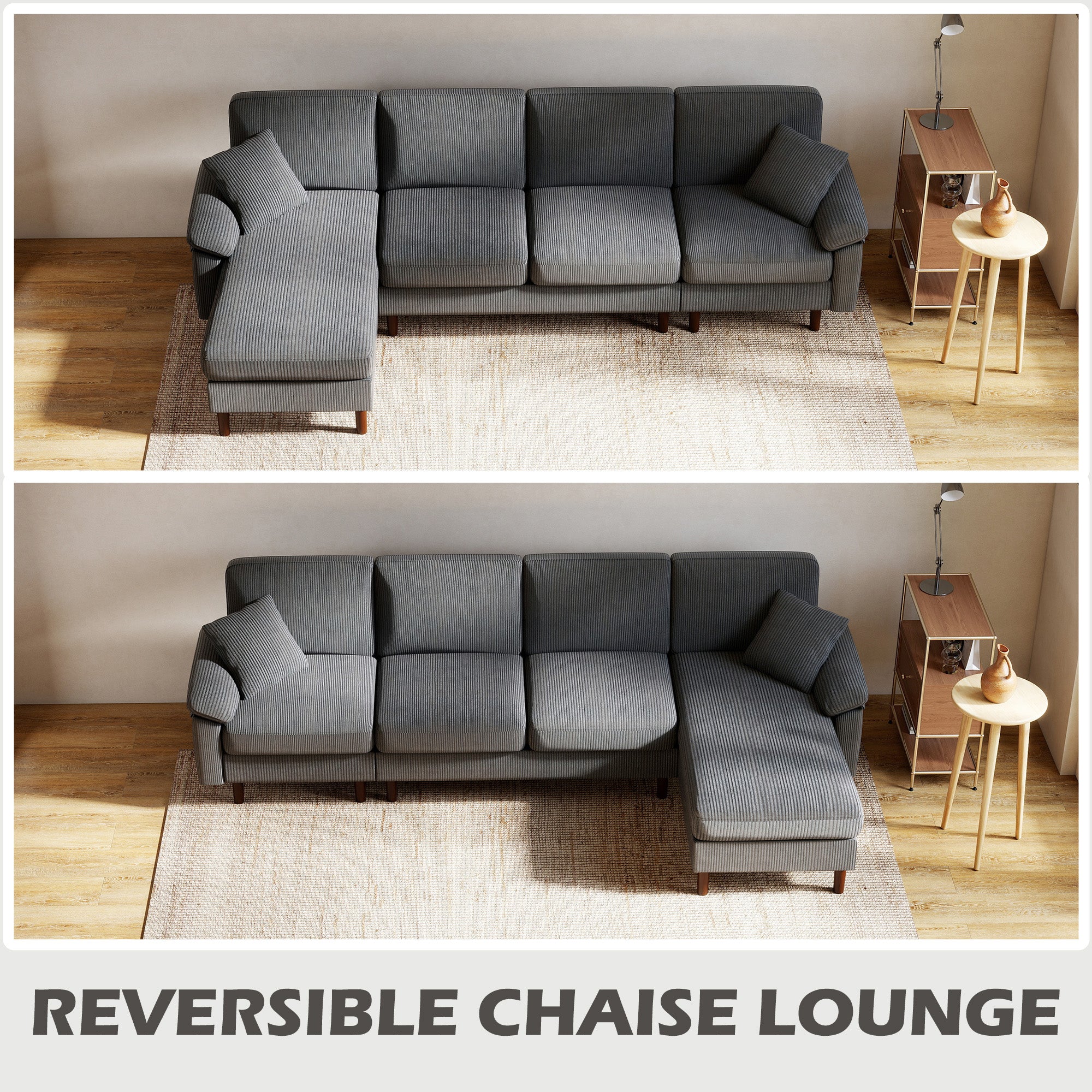 L-Shape Sectional Sofa Corduroy Dark Grey 111"-DECOROLALA