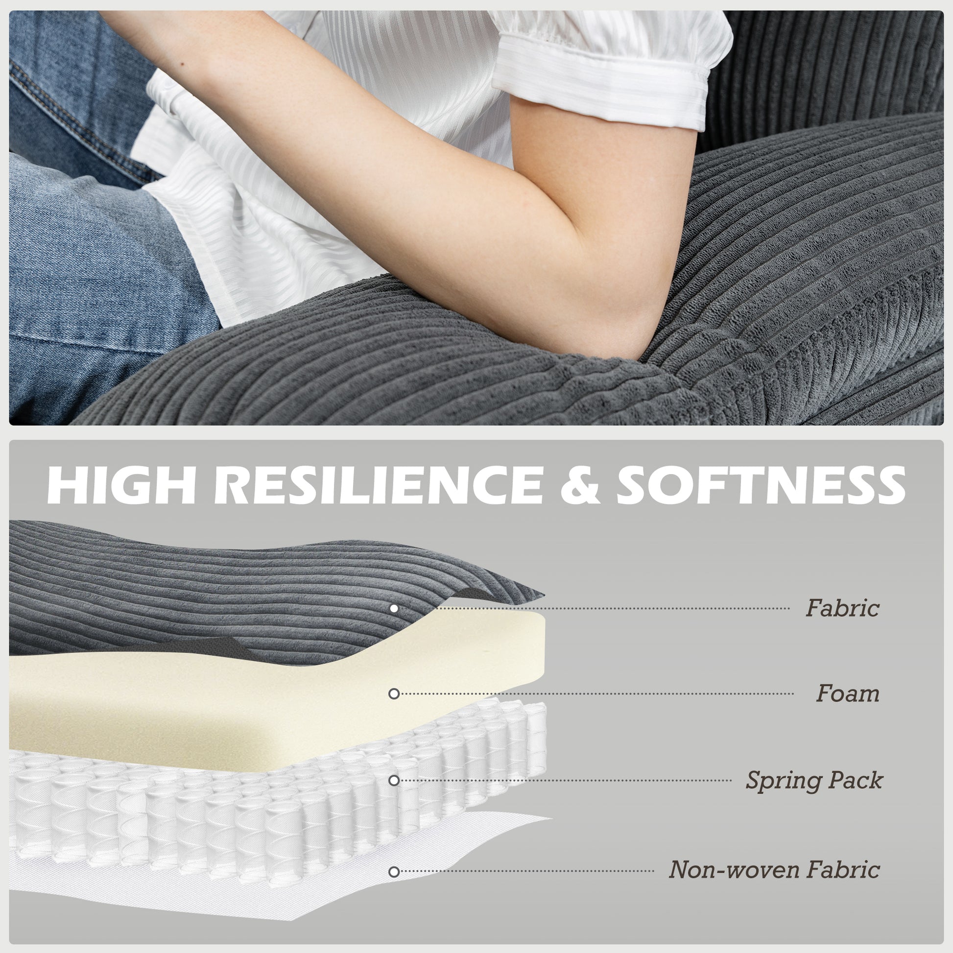 L-Shape Sectional Sofa Corduroy Dark Grey 111"-DECOROLALA