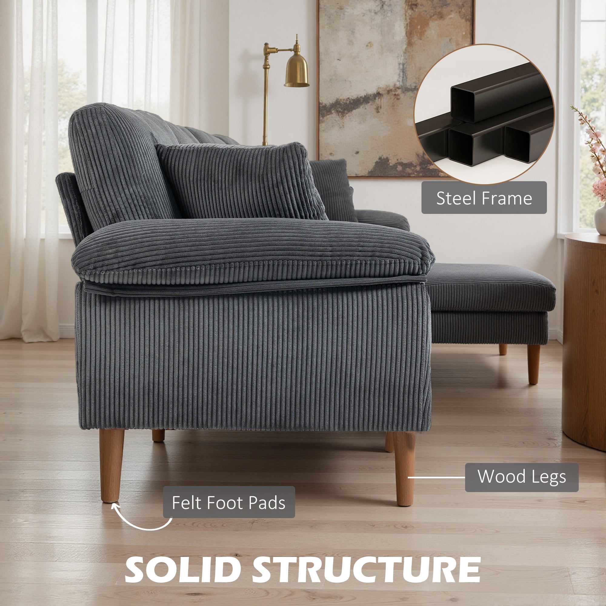 L-Shape Sectional Sofa Corduroy Dark Grey 111"-DECOROLALA