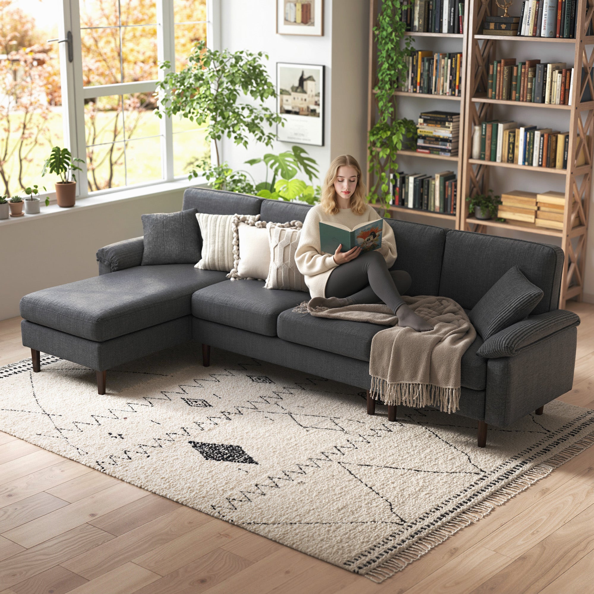 L-Shape Sectional Sofa Corduroy Dark Grey 111"-DECOROLALA