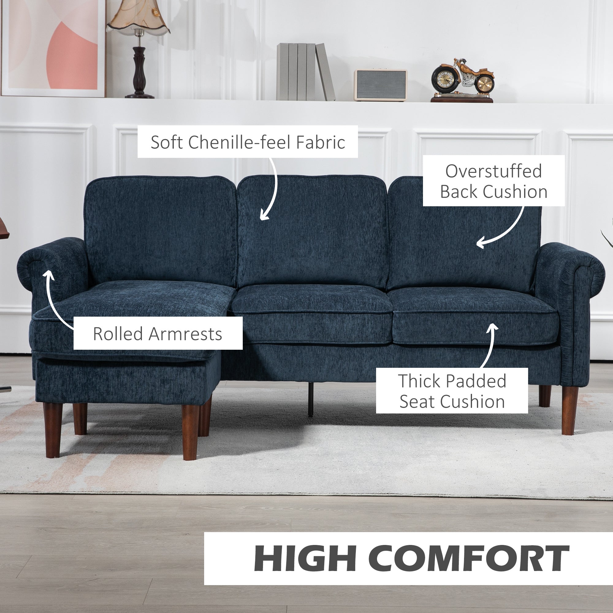 L Shape Sectional Sofa - Dark Blue Changeable Chaise-DECOROLALA