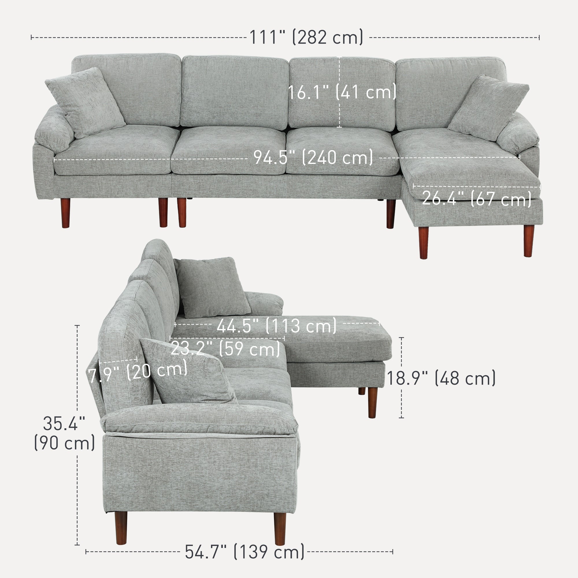 L-Shape Sofa Grey Linen Chaise Lounge Sectional-DECOROLALA