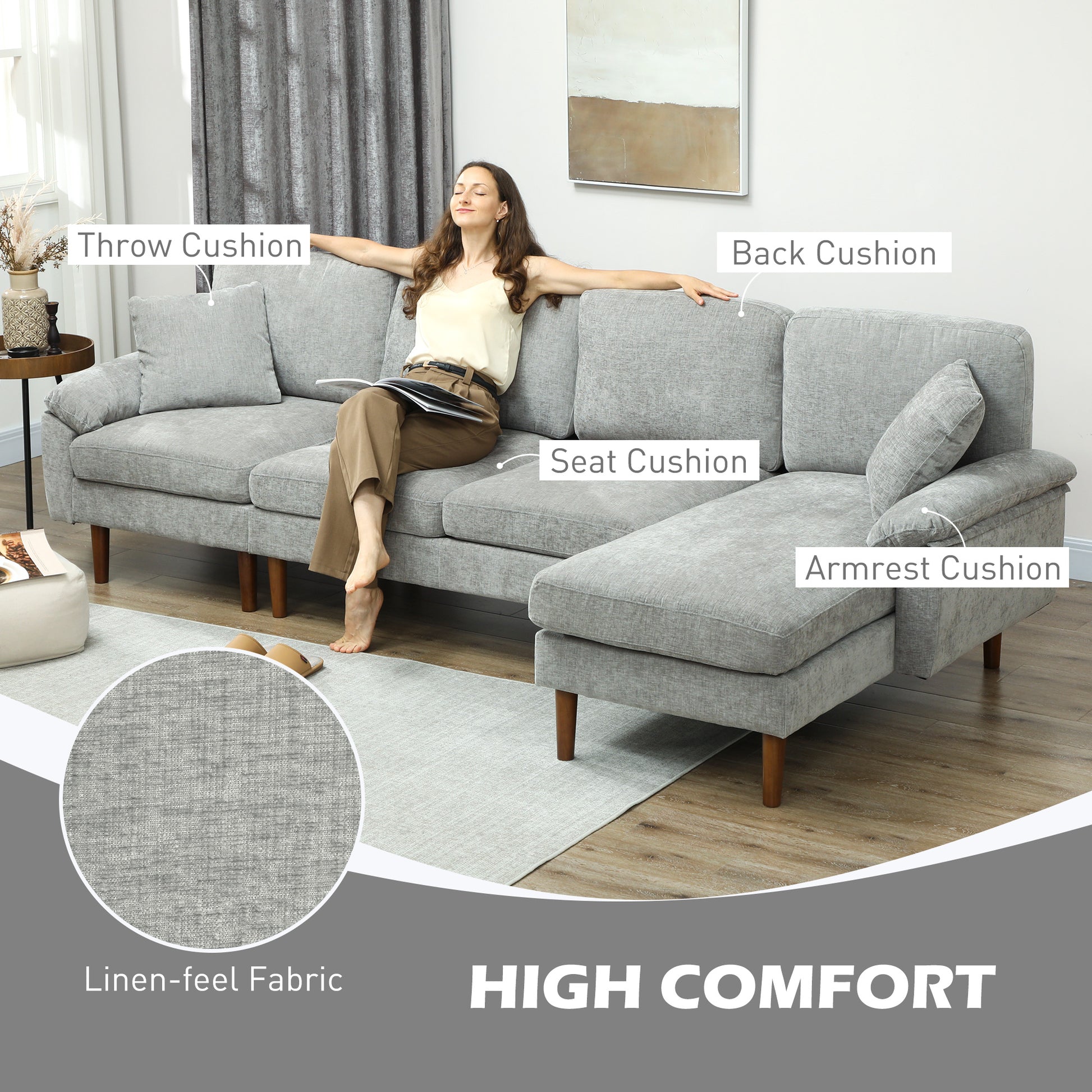 L-Shape Sofa Grey Linen Chaise Lounge Sectional-DECOROLALA