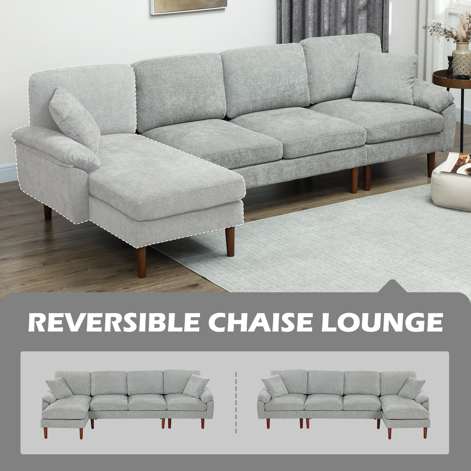 L-Shape Sofa Grey Linen Chaise Lounge Sectional-DECOROLALA