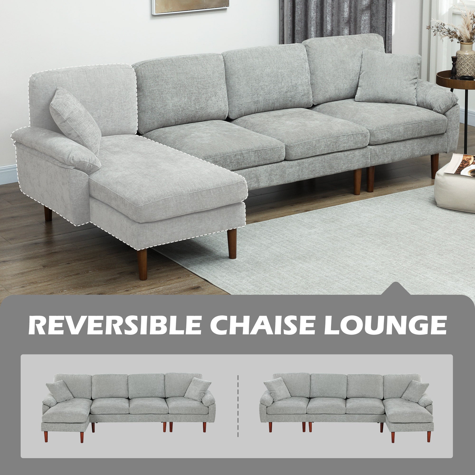 L-Shape Sofa Grey Linen Chaise Lounge Sectional-DECOROLALA