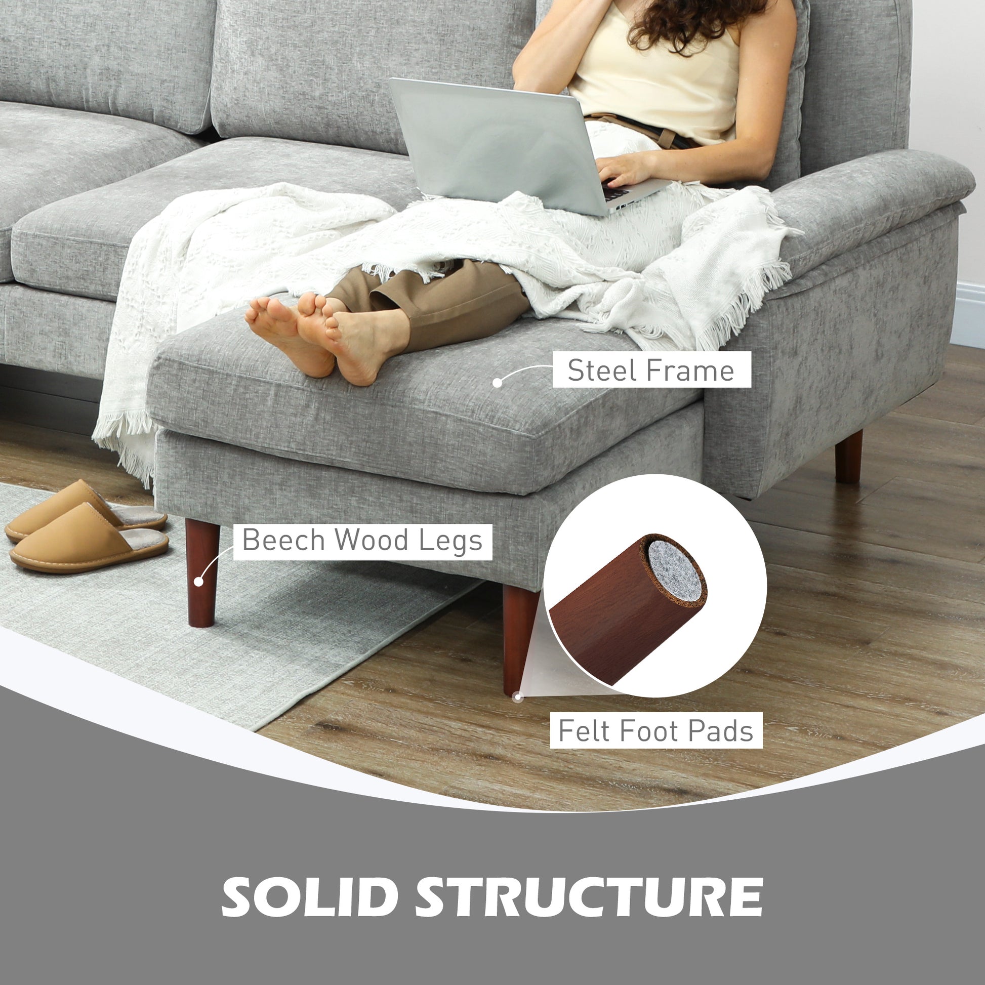 L-Shape Sofa Grey Linen Chaise Lounge Sectional-DECOROLALA