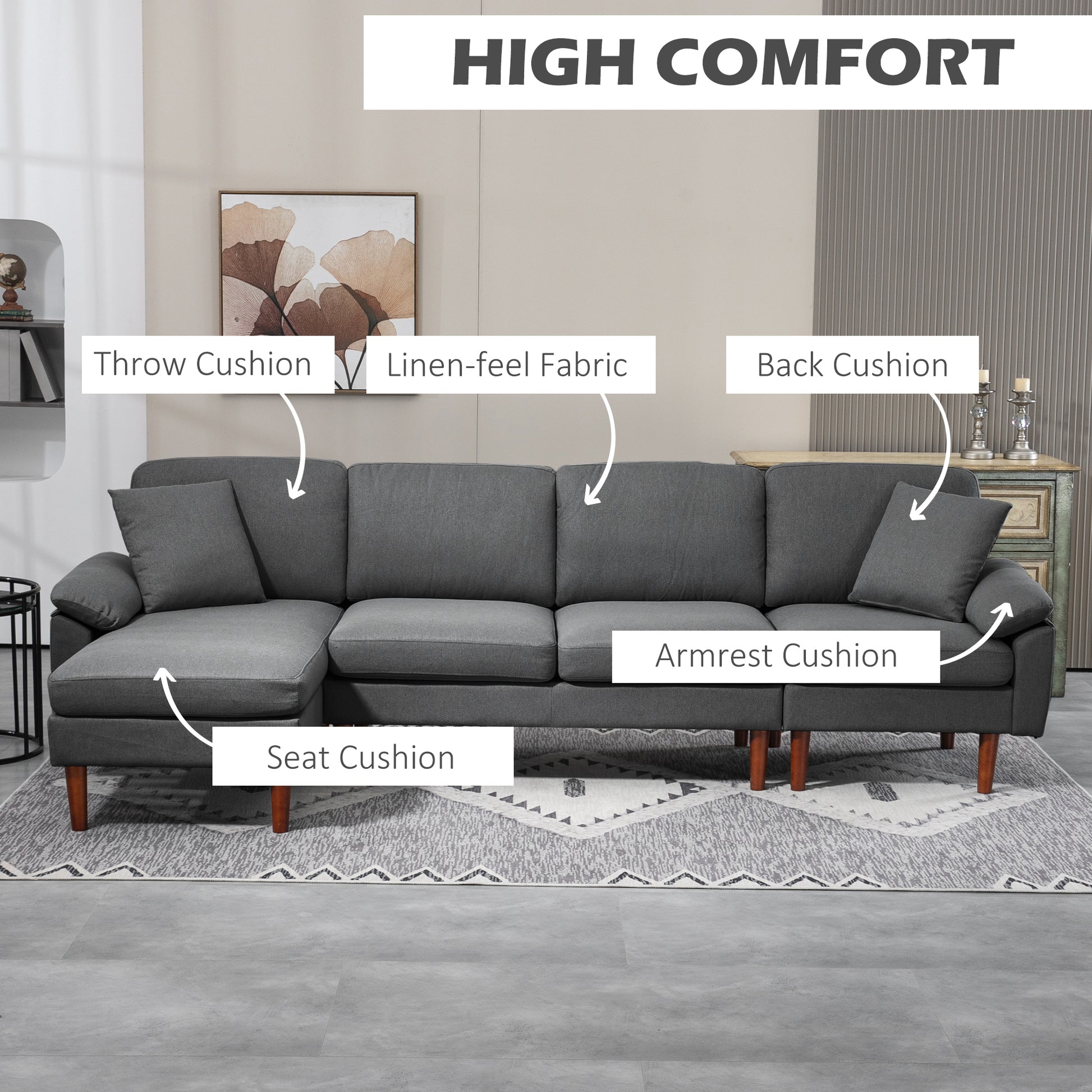 L-Shape Sofa Modern Sectional Dark Grey - Reversible-DECOROLALA