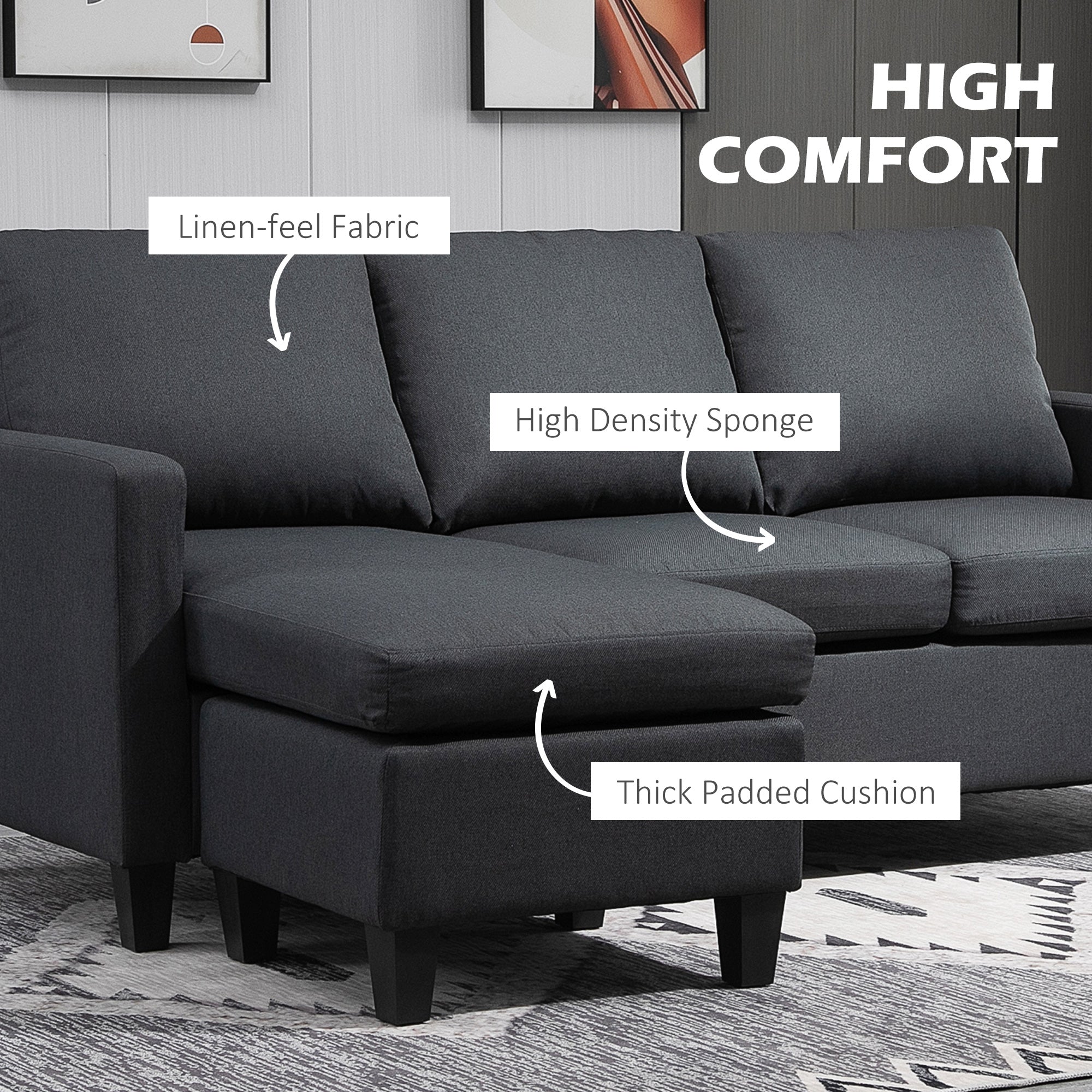 L-Shape Sofa Sectional Couch Dark Grey Linen-DECOROLALA