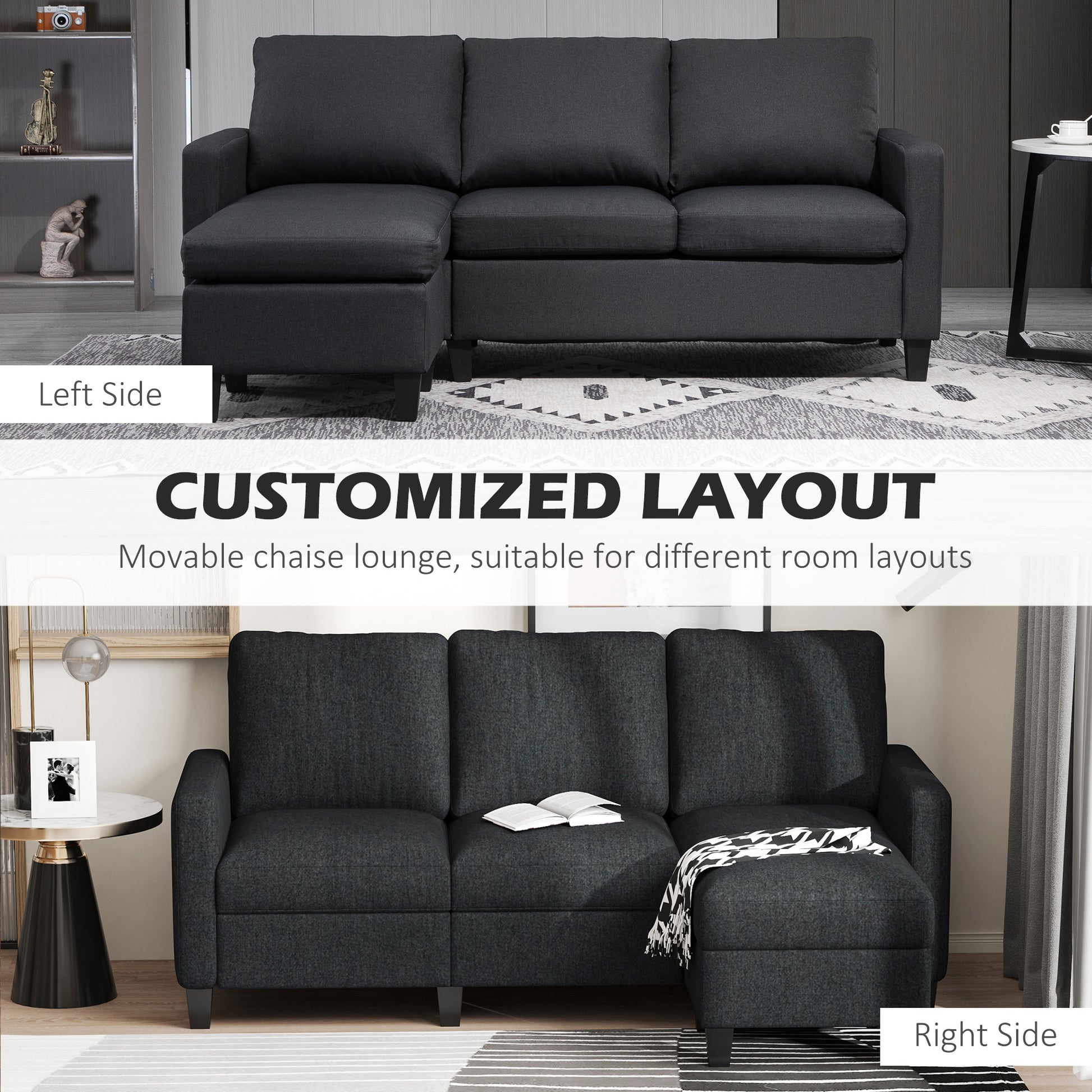 L-Shape Sofa Sectional Couch Dark Grey Linen-DECOROLALA